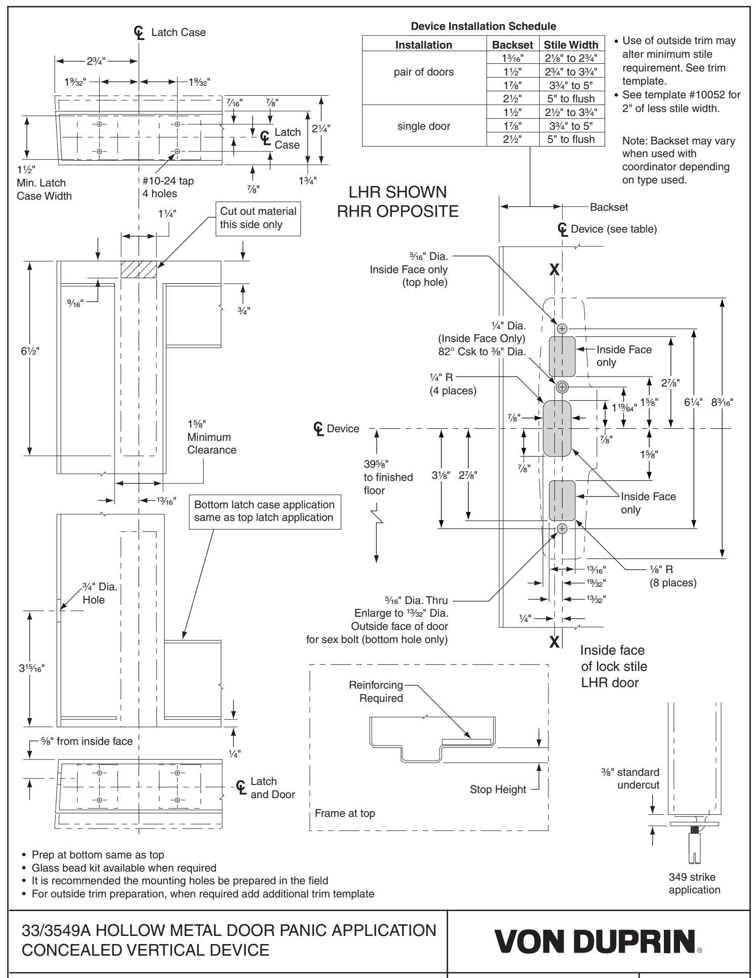 Von Duprin 3349A, 3549A Concealed Vertical Cable Hollow Metal Door Template diagram on page 1