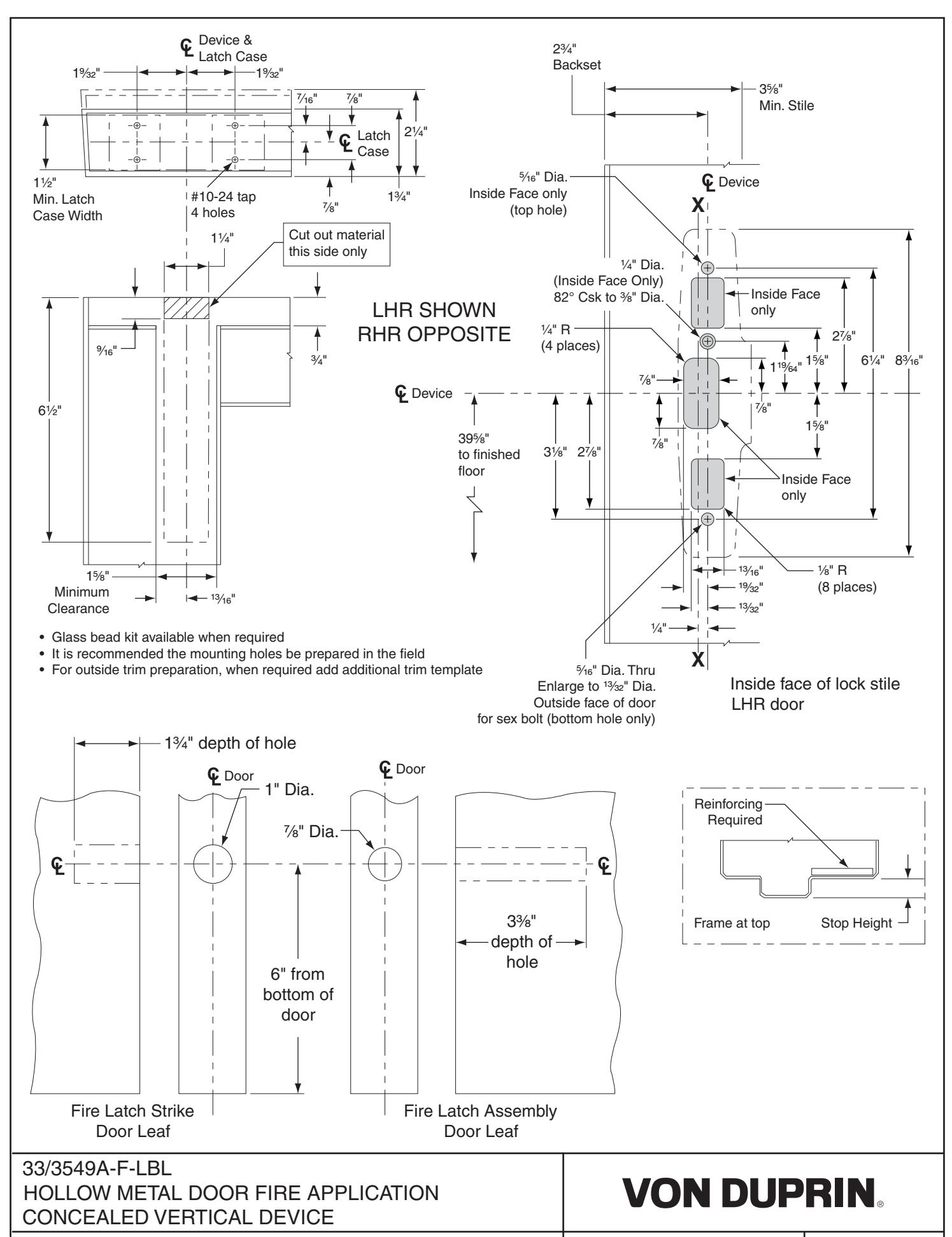 Von Duprin 3349A-F-LBL & 3549A-F-LBL Concealed Vertical Cable Fire Rated Less Bottom Latch Hollow Metal Door Template diagram