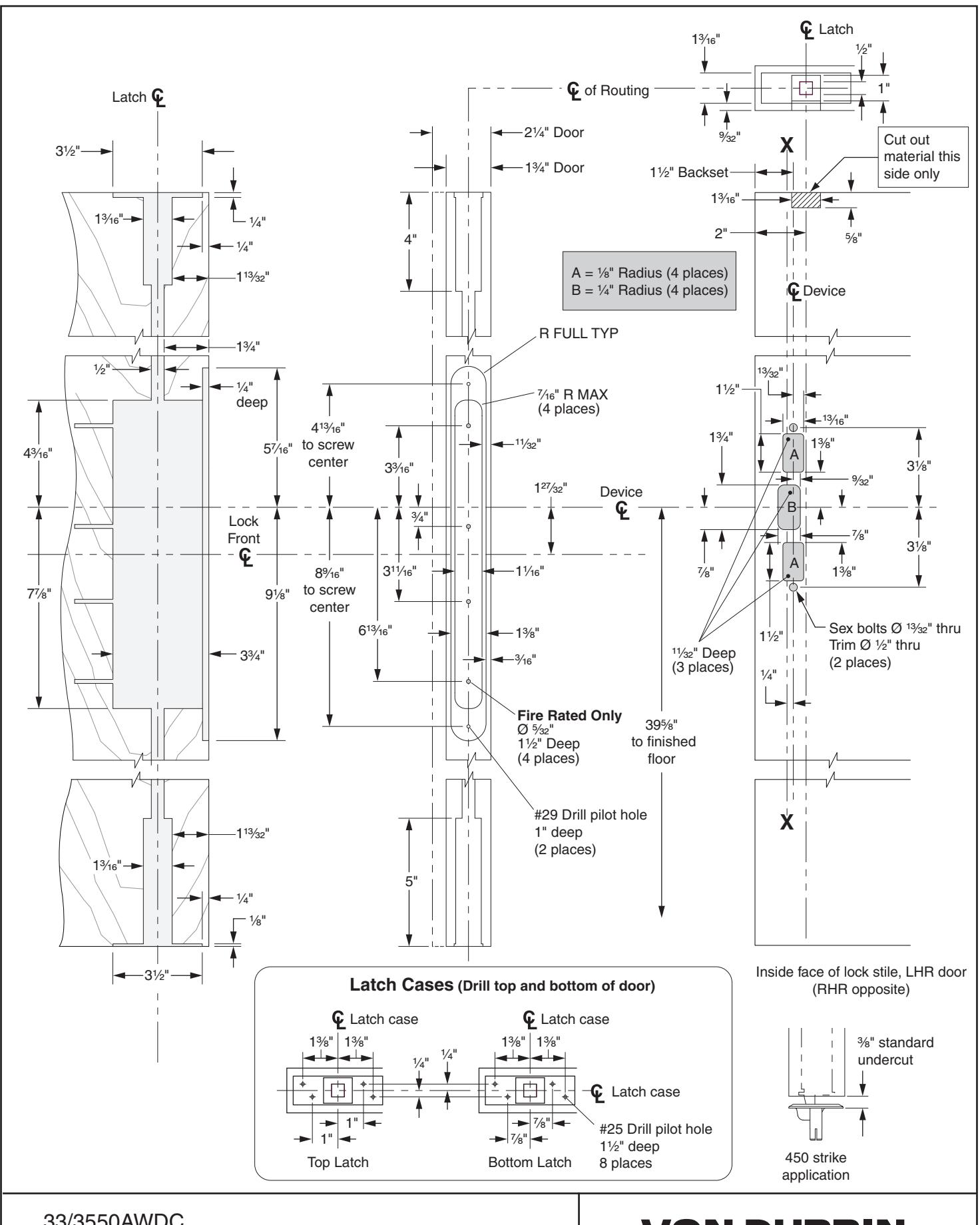 Von Duprin 3350AWDC, 3550AWDC Concealed Vertical Cable Wood Door Template diagram on page 1