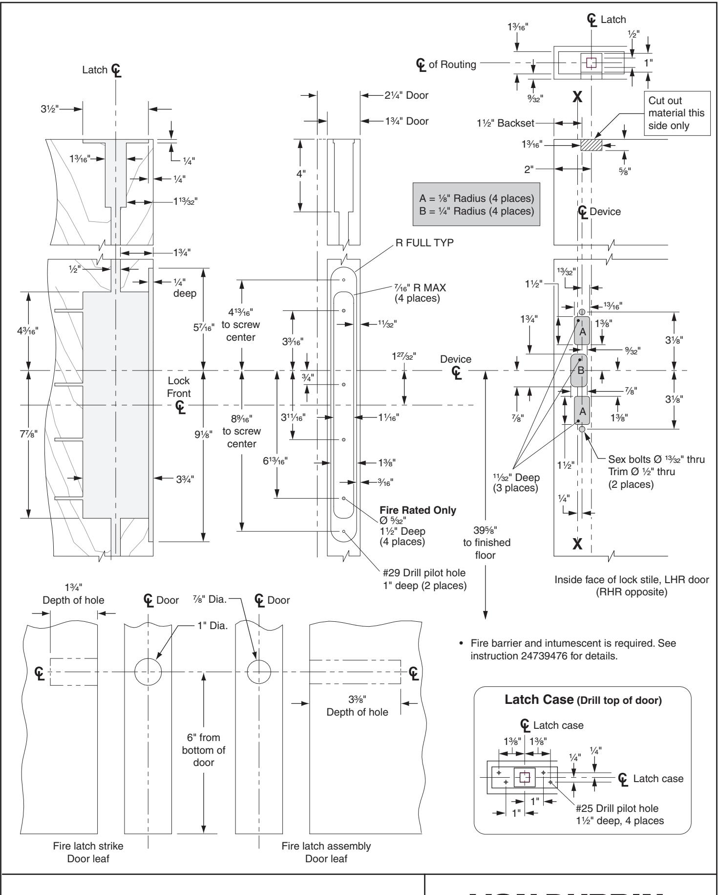 Von Duprin 3350AWDC-F-LBL, 3550AWDC-F-LBL Concealed Vertical Cable Fire Less Bottom Latch Wood Door Template diagram on page 