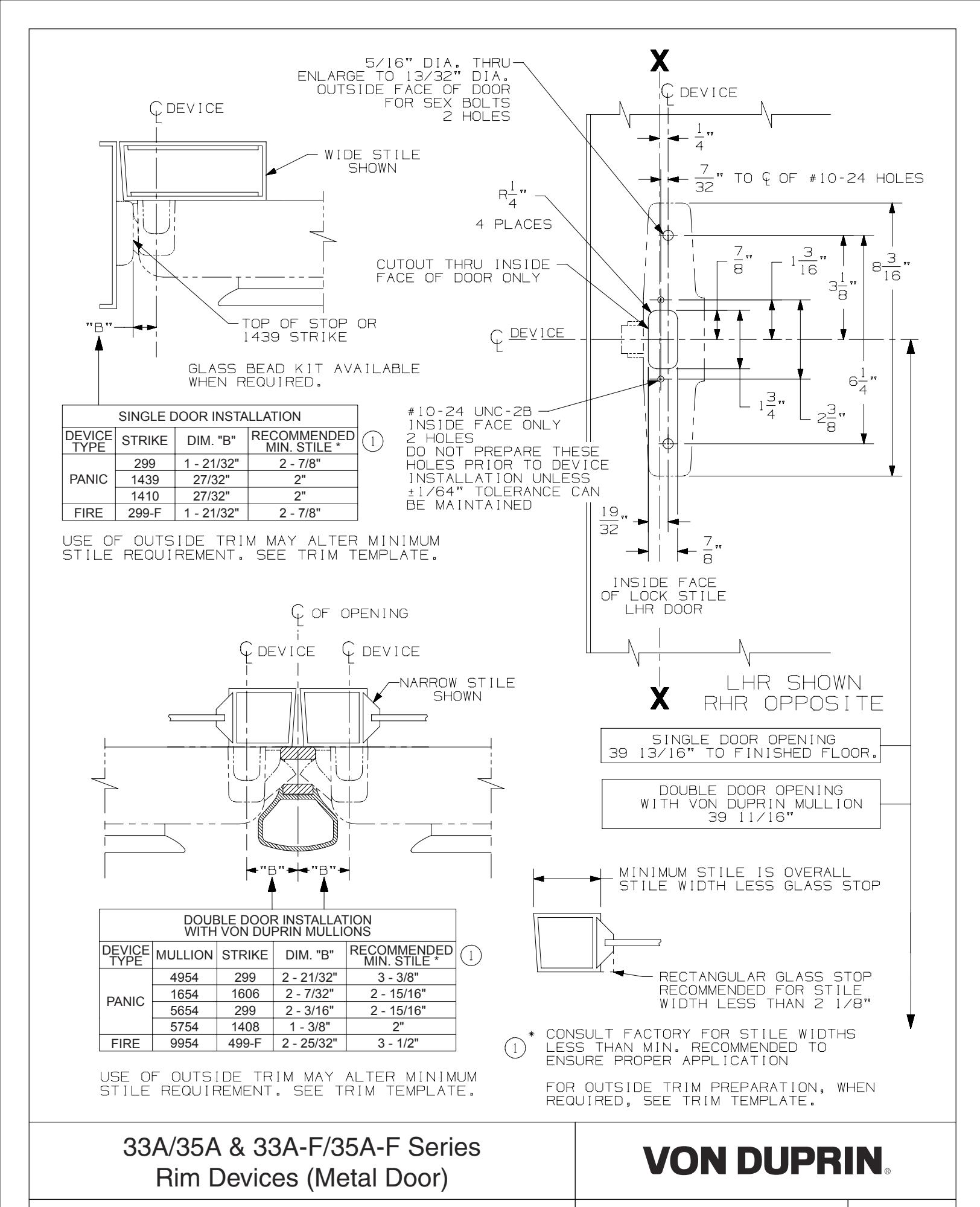Von Duprin 33A, 35A, 33A-F & 35A-F Series Metal Door Template diagram on page 1