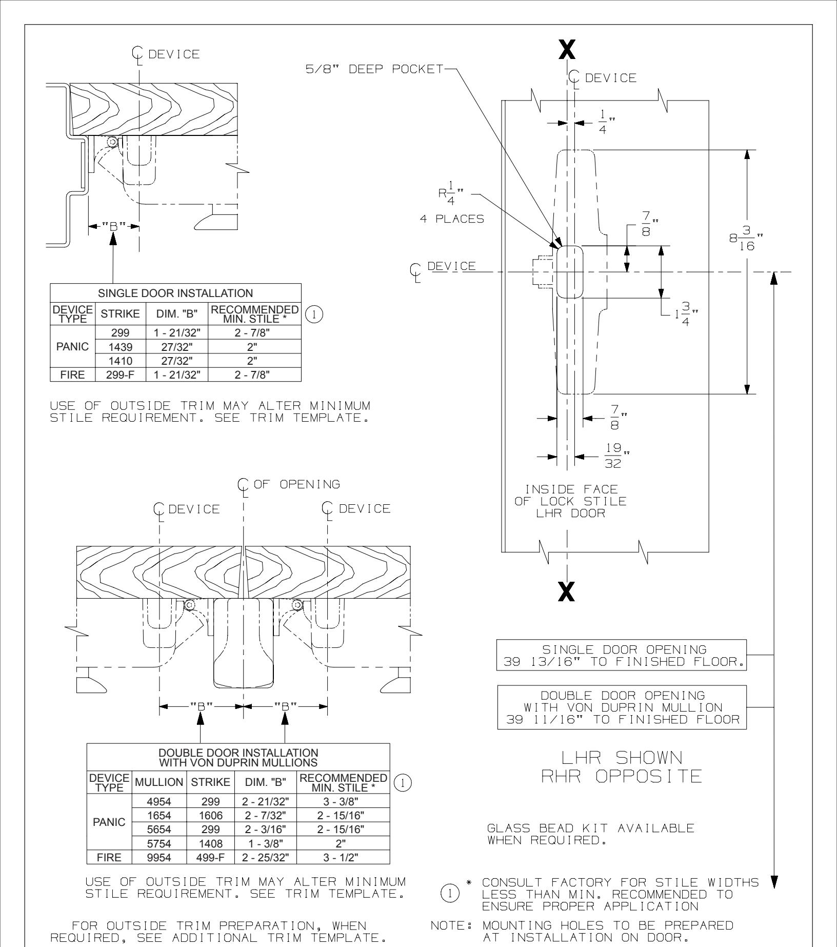 Von Duprin 33A, 35A, 33A-F, 35A-F Series Rim Device Wood Door Template diagram on page 1