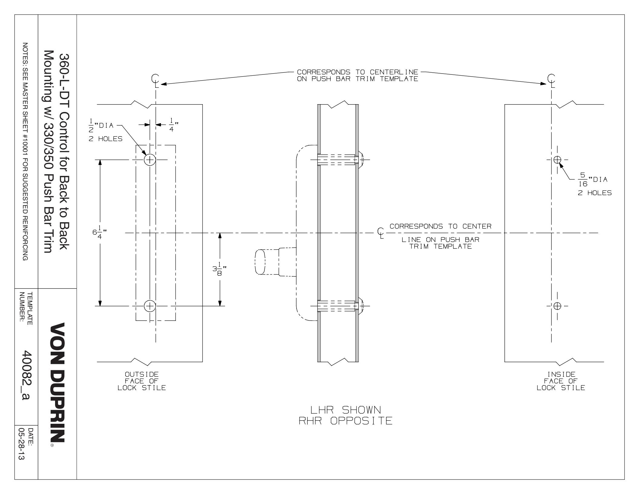 Von Duprin 360L-DT Control for Back to Back Mount Template diagram on page 1