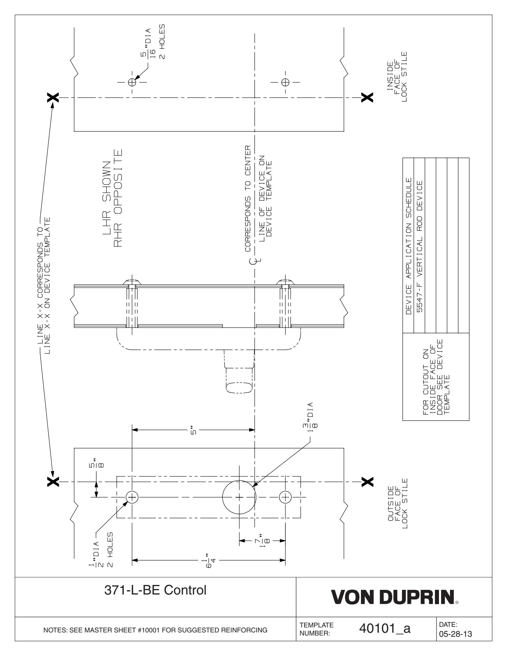 Von Duprin 371L-BE Control Used With 5547L-F For Metal Doors Template diagram on page 1