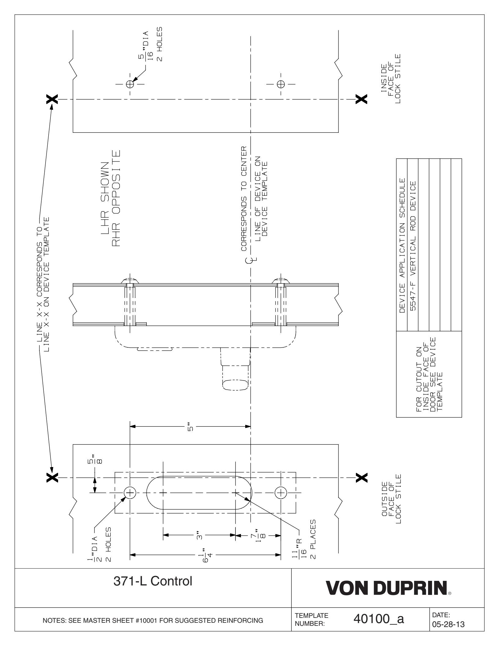 Von Duprin 371L Control Used With 5547L-F For Metal Doors Template diagram on page 1