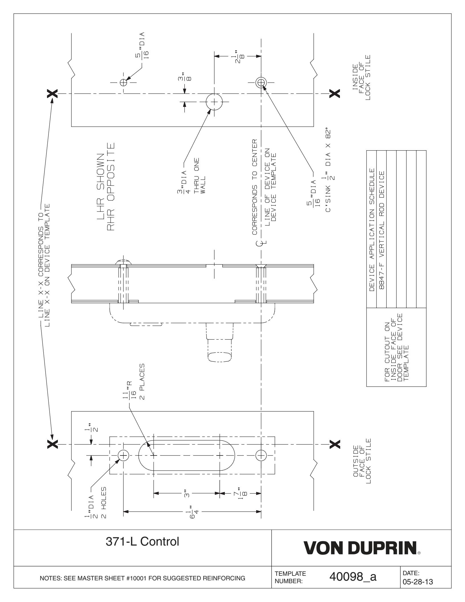 Von Duprin 371L Control Used with 8847L-F For Metal Applications Template diagram on page 1
