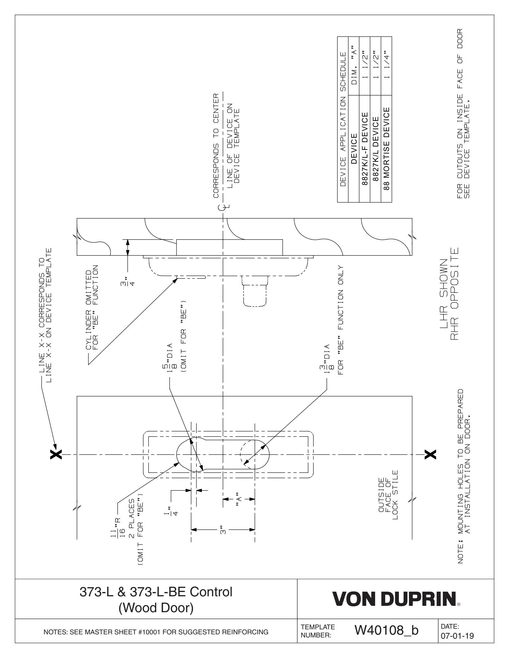 Von Duprin 373L, 373LBE Control Used With 8827 and 8875 For Wood Door Template diagram on page 1