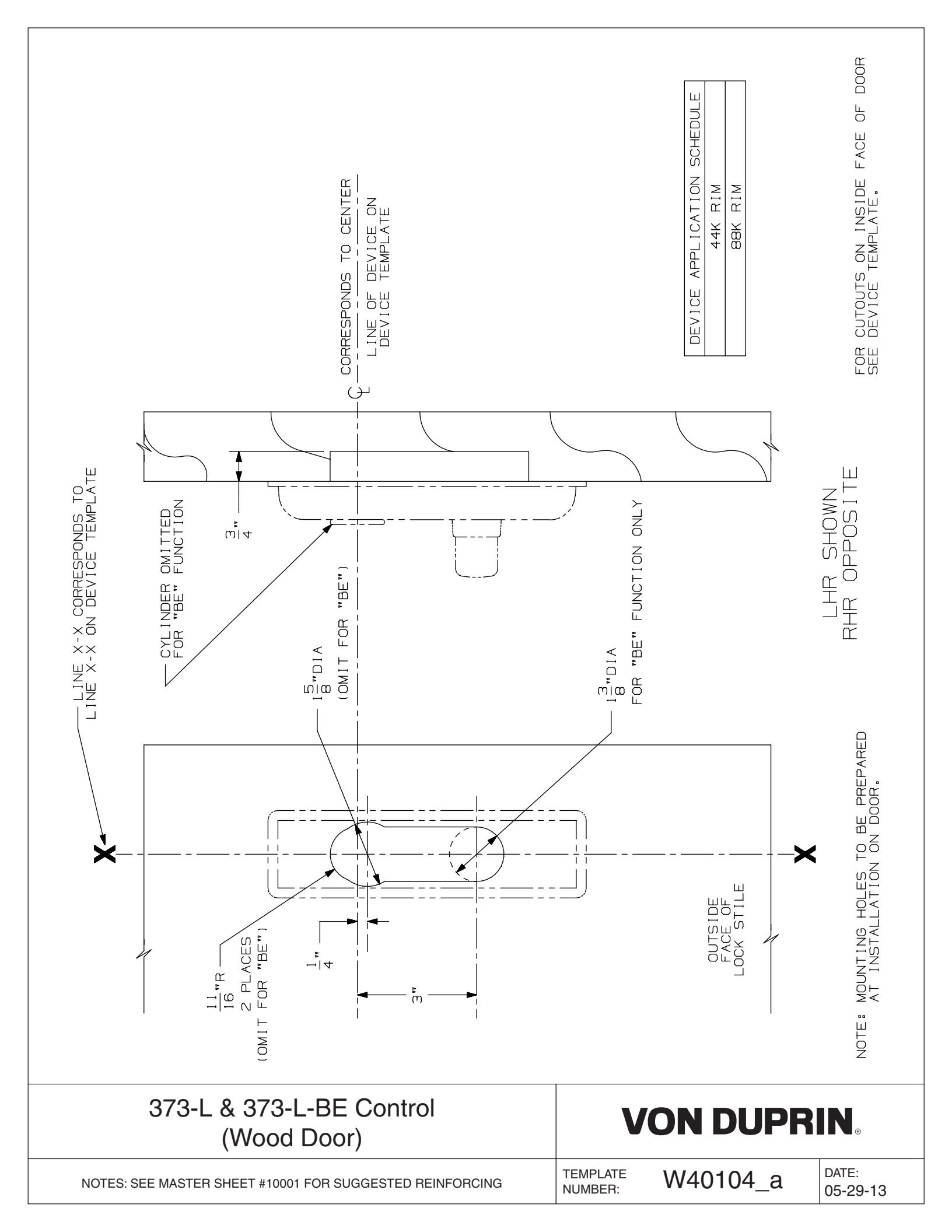 Von Duprin 373L, 373LBE Control Used With 88L, 88L-F, 88L-BE, 88L-BE-F For Wood Door Template diagram on page 1