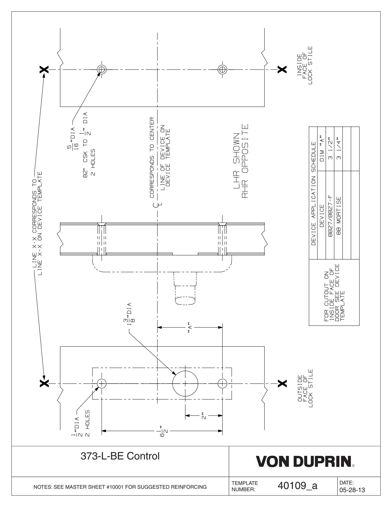 Von Duprin 373L-BE Control Used with 8827L, 8827L-F, 8875L, 8875L-F, E8875L, E8875L-F For Metal Applications Template diagram