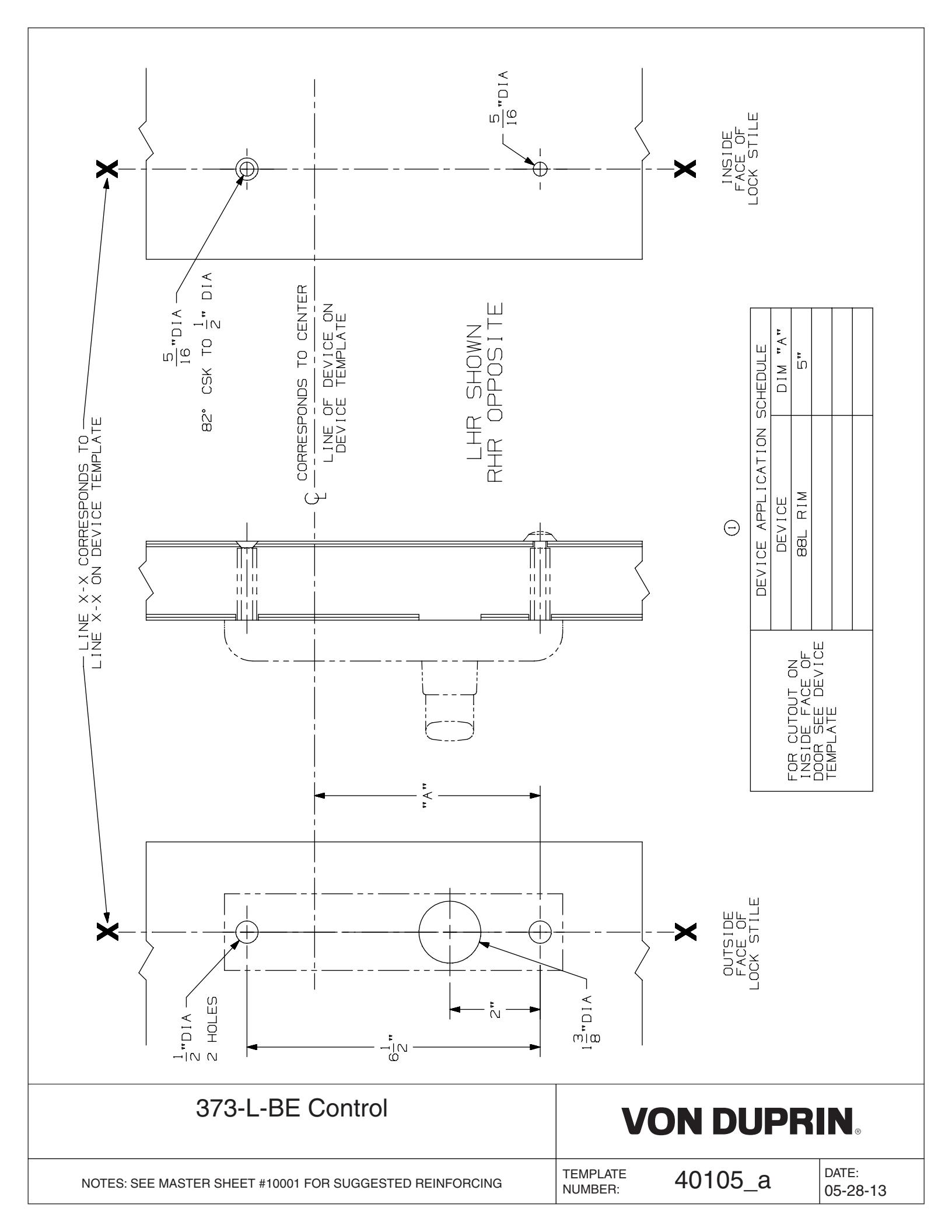 Von Duprin 373L-BE Control Used with 88L-BE, 88L-BE-F For Metal Applications Template diagram on page 1