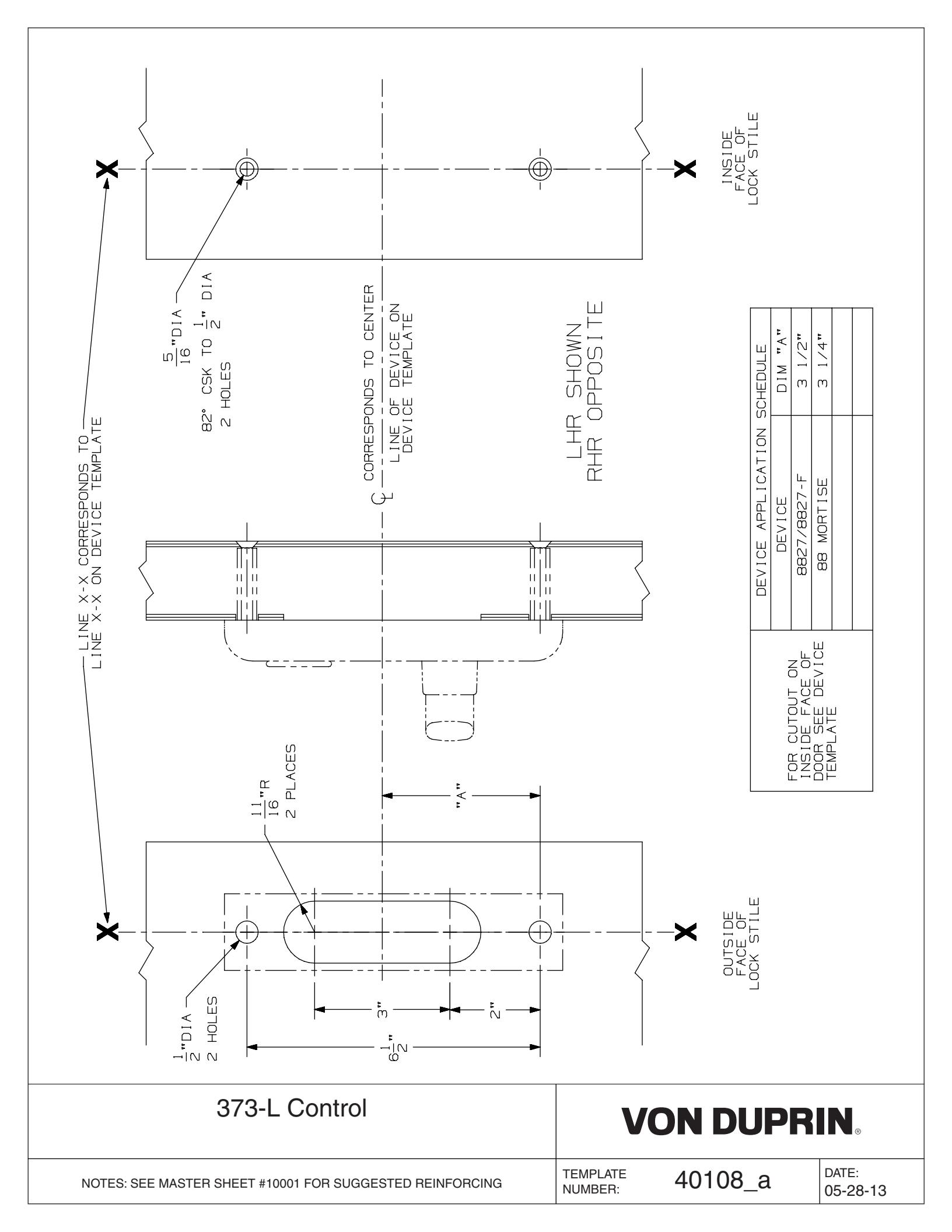 Von Duprin 373L Control Used with 8827L, 8827L-F, 8875L, 8875L-F For Metal Applications Template diagram on page 1