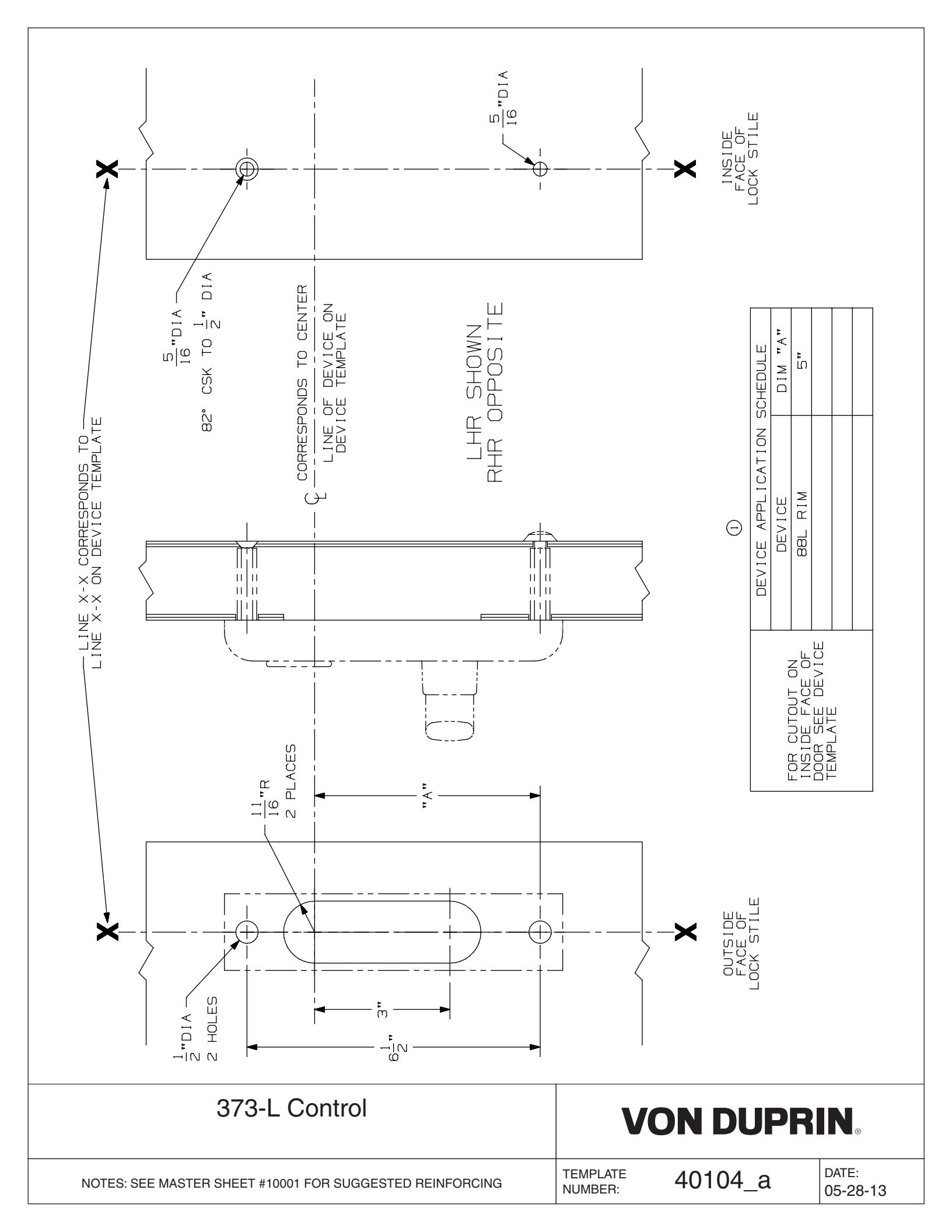 Von Duprin 373L Control Used with 88L, 88L-F For Metal Applications Template diagram on page 1