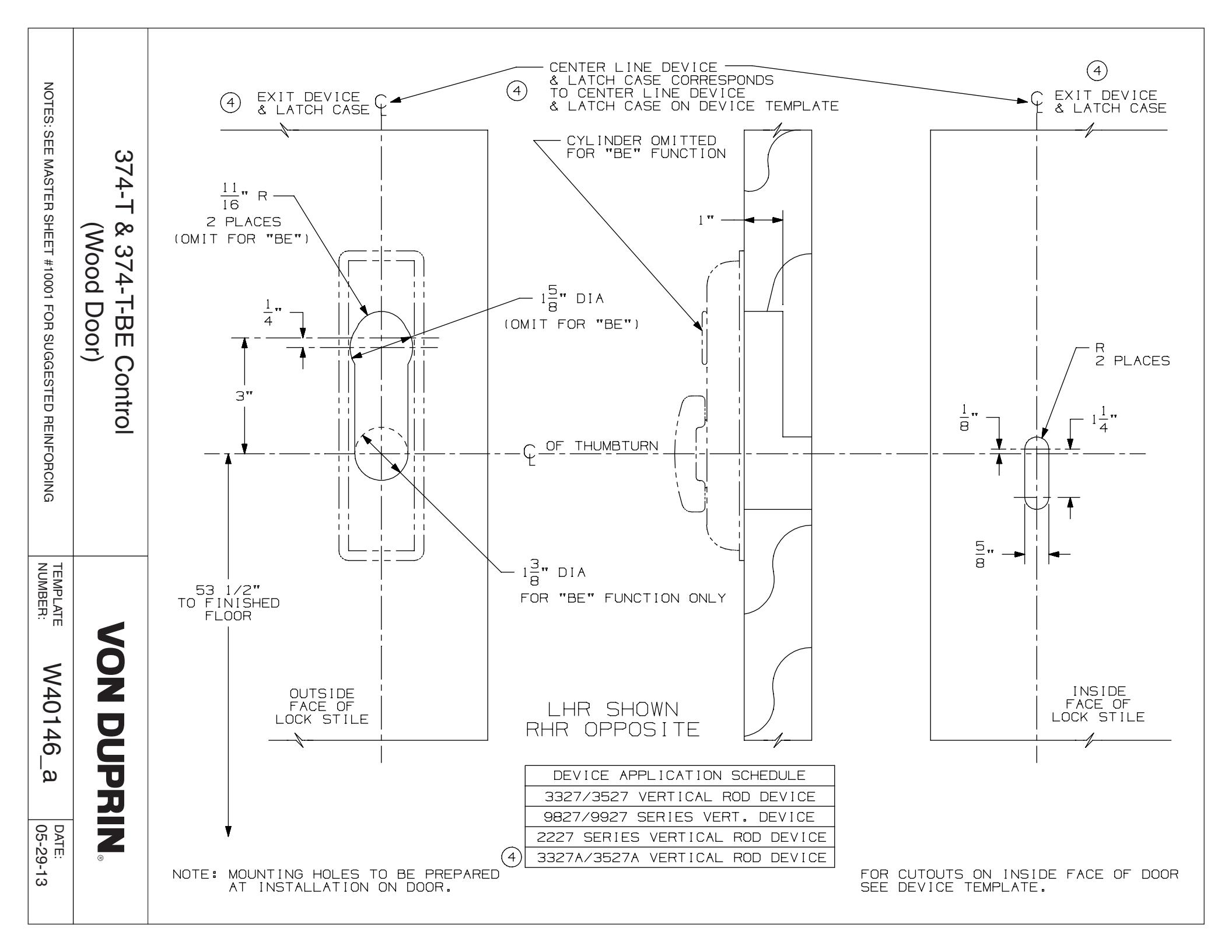 Von Duprin 374T, 347T-BE Control For Use With 3327, 3527, 3327A, 3527A Devices For Wood Door Template diagram on page 1