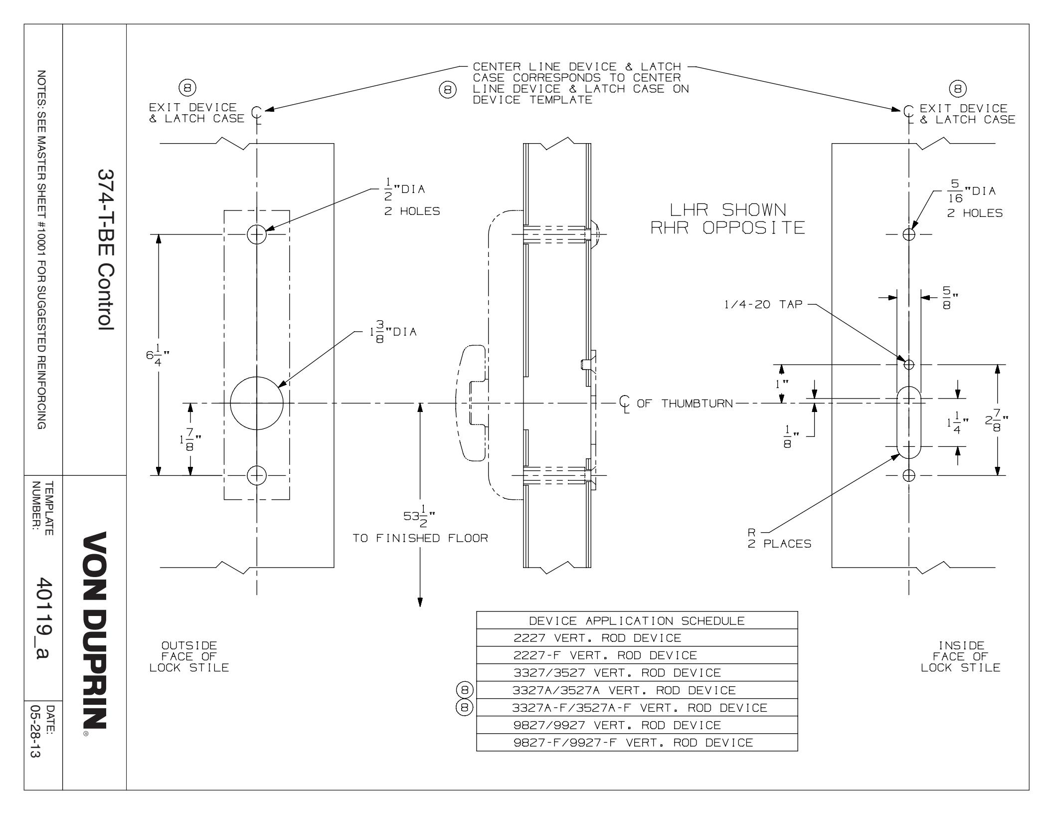 Von Duprin 374T-BE Control For 98 and 99 Series Exit Device Metal Door Template diagram on page 1
