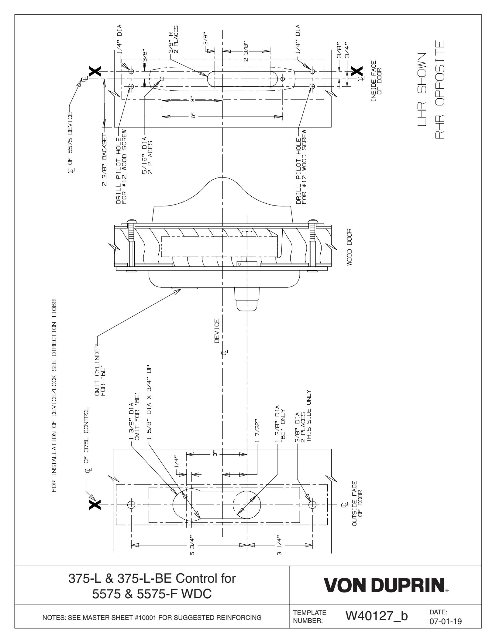 Von Duprin 375L-BE Control Used with 5575L, 5575L-F Wood Door Application Template diagram on page 1