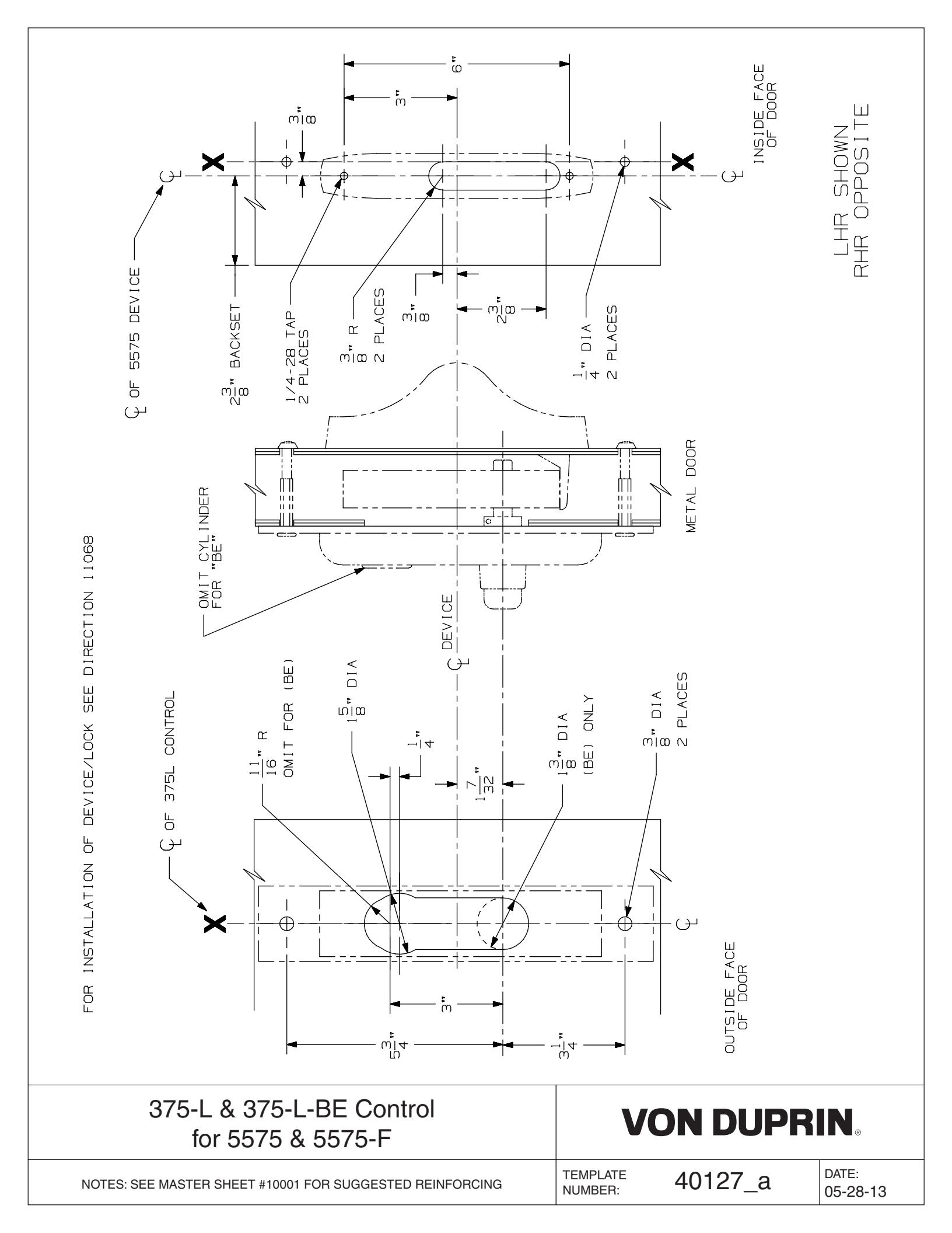 Von Duprin 375L Control Used With 5575L, 5575L-F For Metal Doors Template diagram on page 1