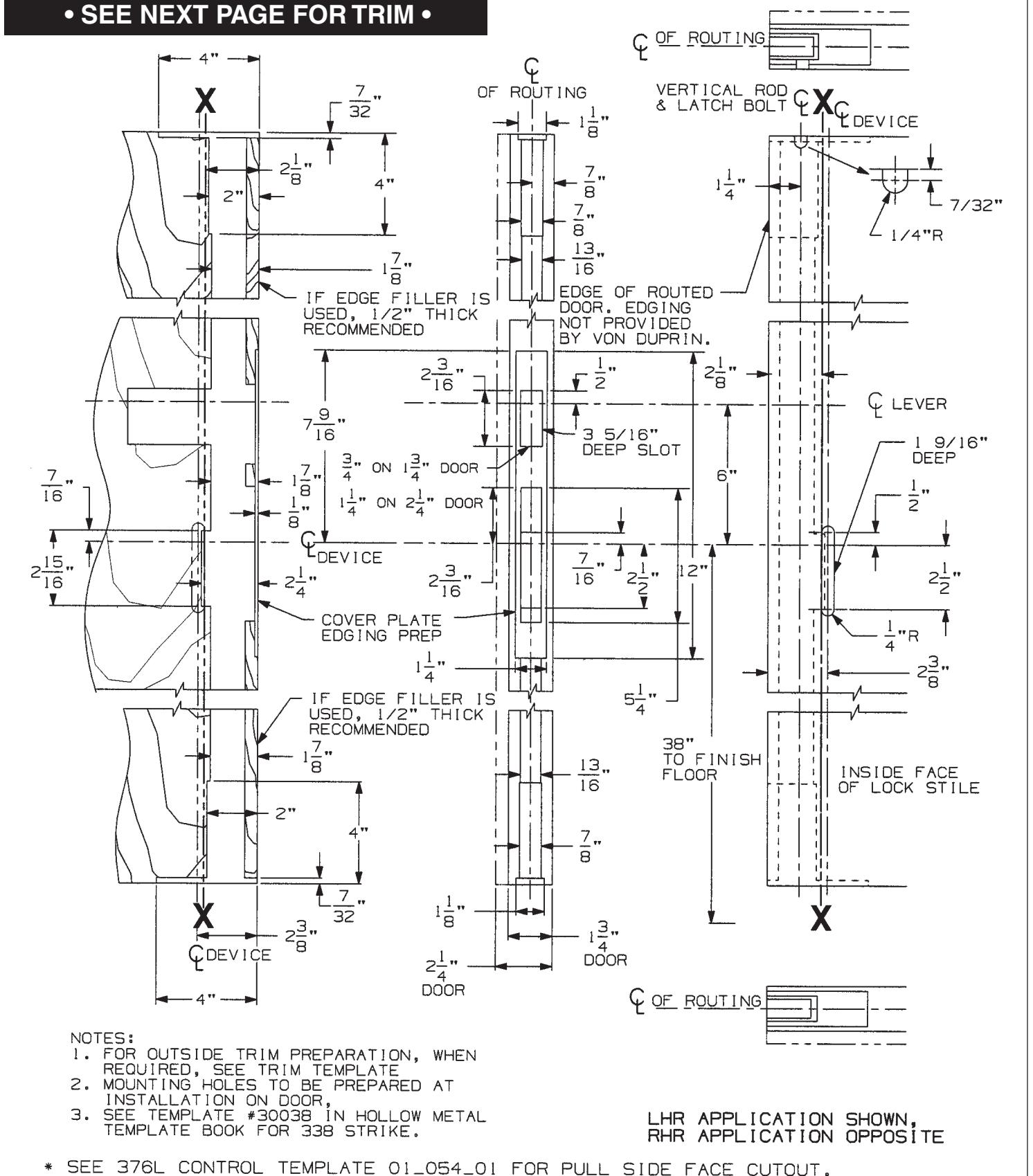 Von Duprin 376L, 376LBE Control Used with 5547WDC @ 44 inch CL (for California) Wood Door Application Template diagram on pag