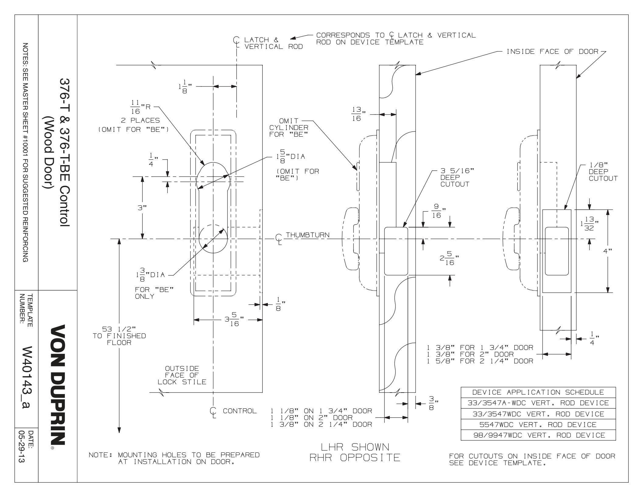 Von Duprin 376T, 376T-BE Control For Use With 3347WDC, 3547WDC, 3347A-WDC, 3547A-WDC, 5547-WDC Devices For Wood Door Template