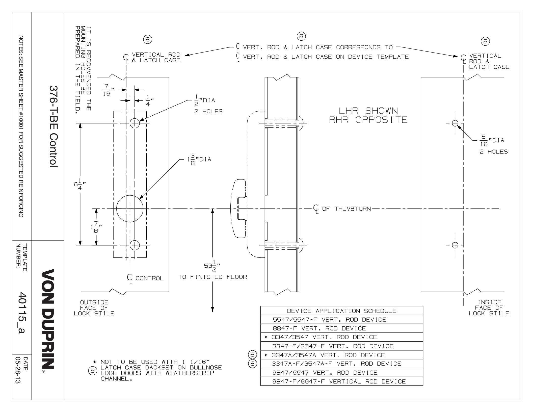Von Duprin 376T-BE Control Used with 8847TL-F For Metal Applications Template diagram on page 1