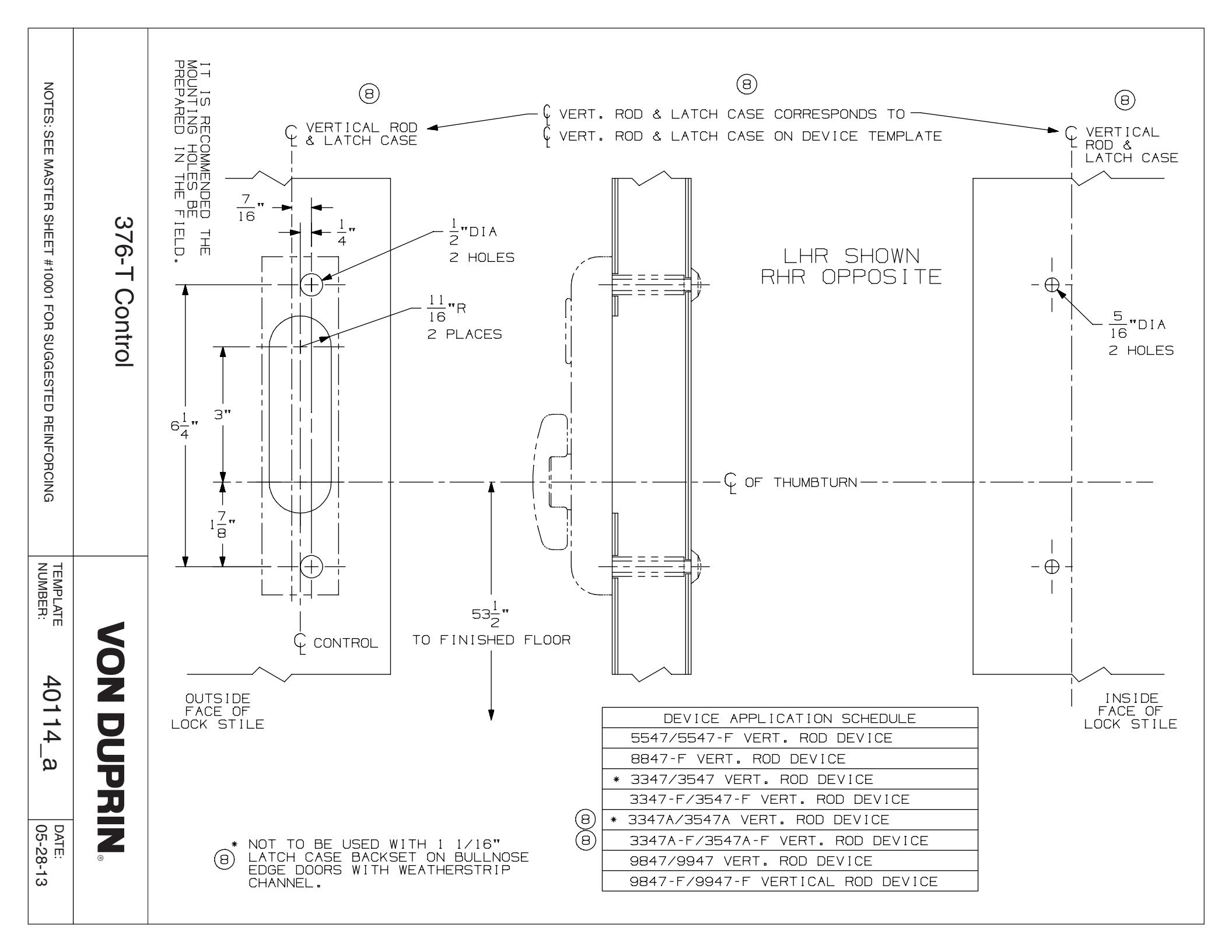 Von Duprin 376T Control For 98 and 99 Series Exit Device Metal Door Template diagram on page 1