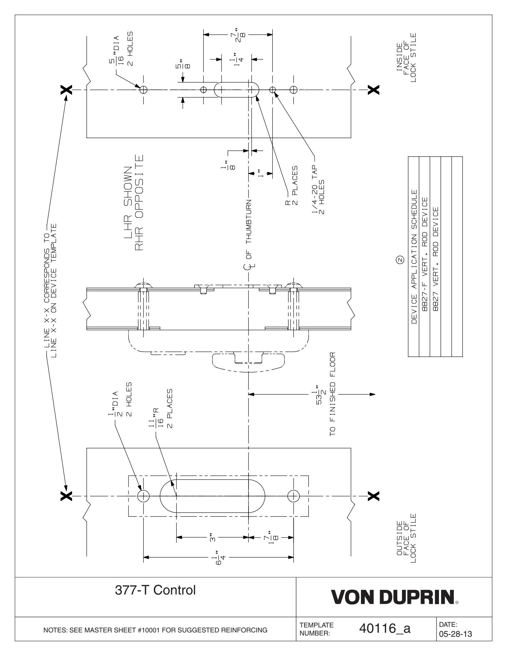 Von Duprin 377T Control Used with 8827TL, 8827TL-F For Metal Applications Template diagram on page 1