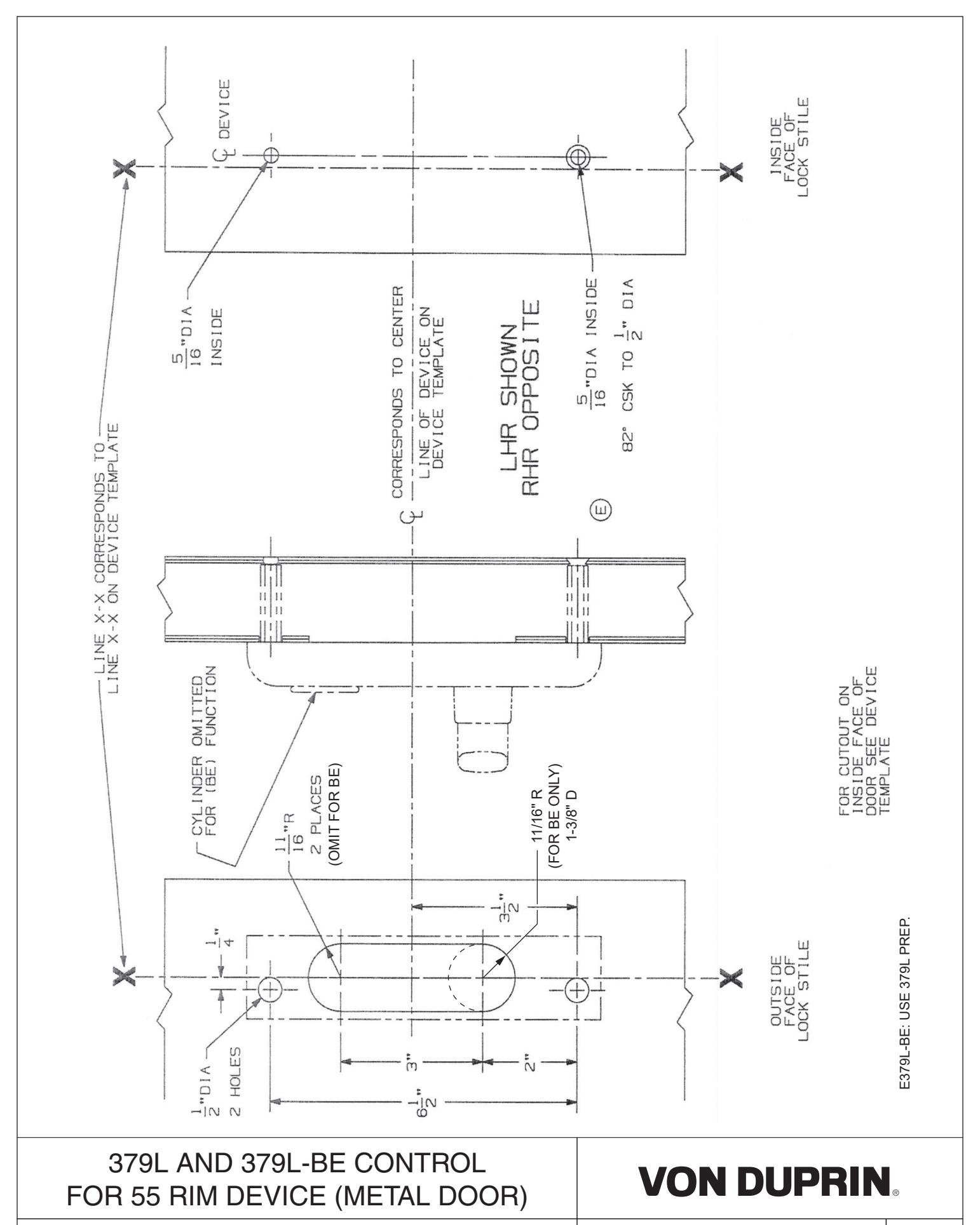 Von Duprin 379L Control Used With 55 Rim For Metal Doors Template diagram on page 1