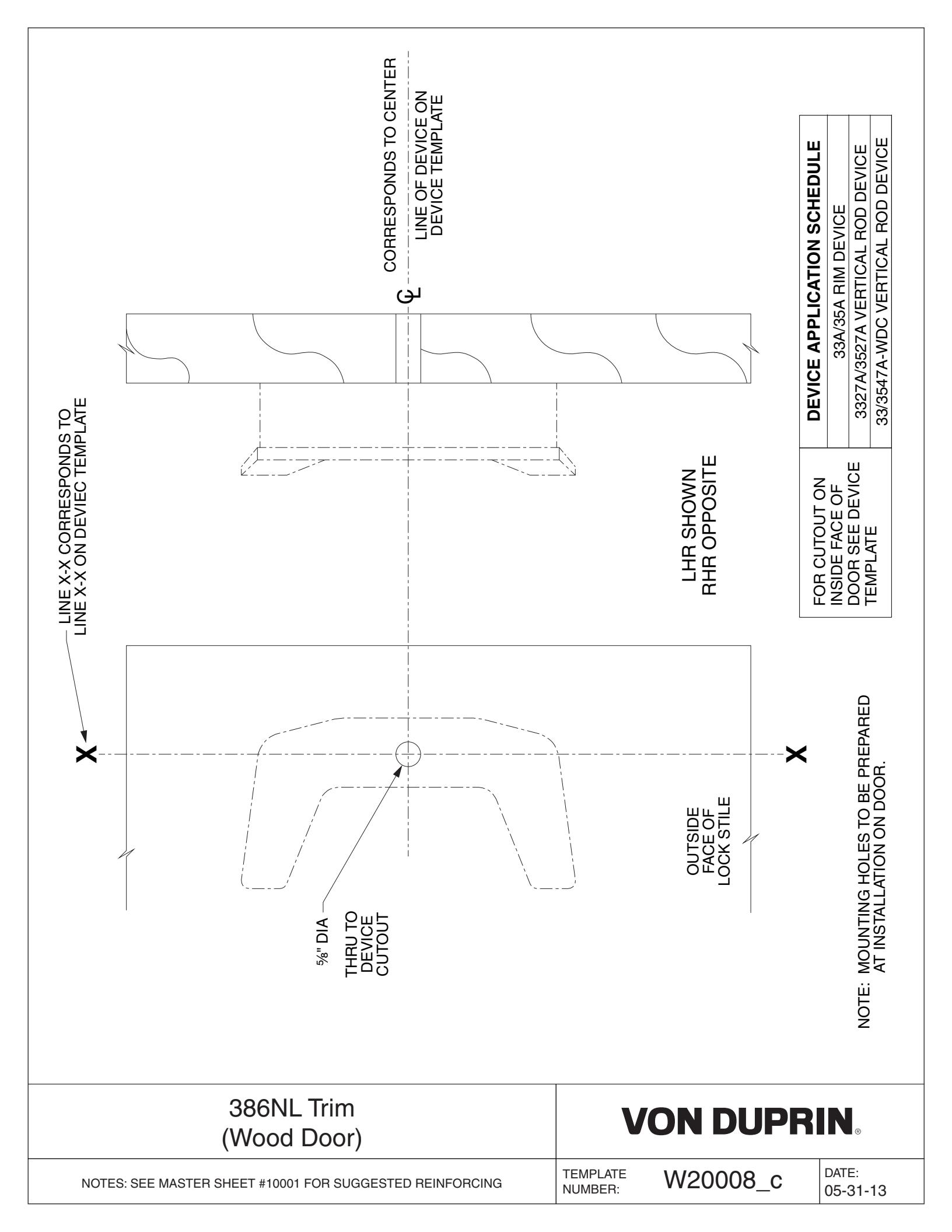 Von Duprin 386NL, 386DT Trim For Wood Door Template diagram on page 1