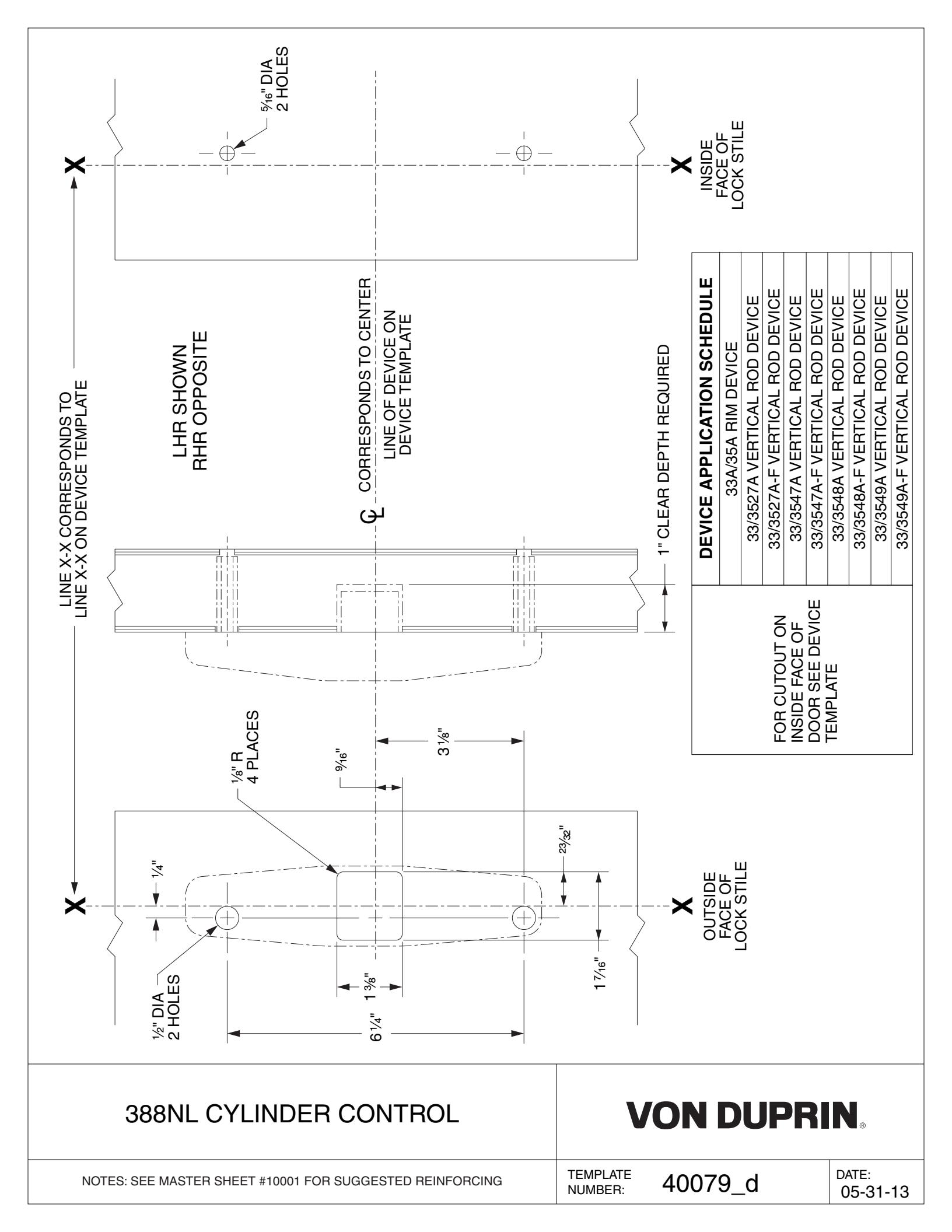 Von Duprin 388NL Cylinder Control Template diagram on page 1