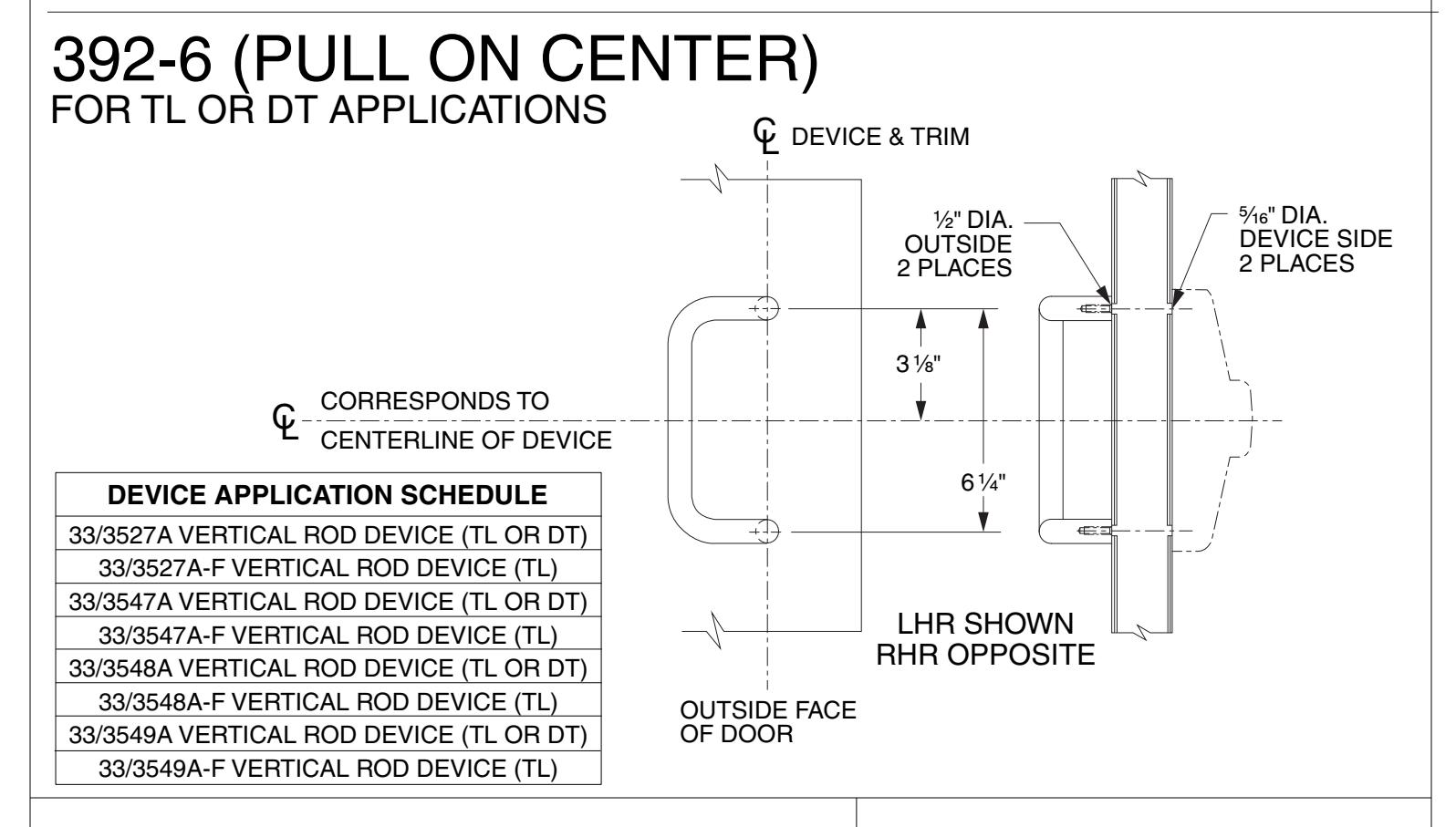 Von Duprin 392-6 Pull, Below Center Trim and Pull, On Center Trim Template diagram on page 1