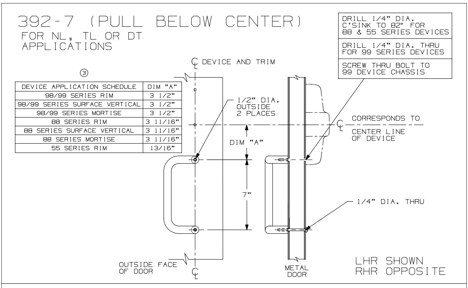 Von Duprin 392-7 Pull For 98 and 99 Series Exit Device Metal Door Template diagram on page 1