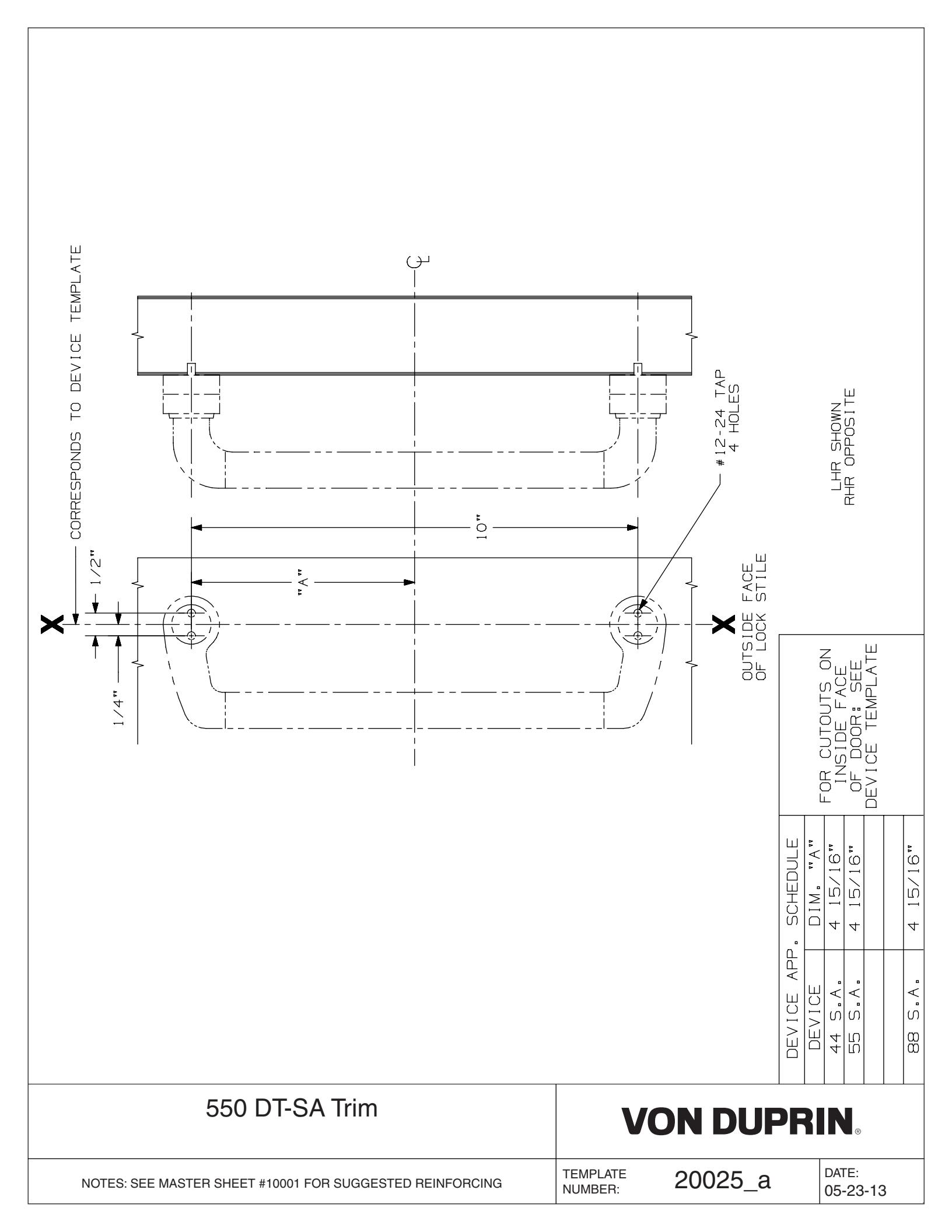 Von Duprin 550DT Surface Applied Trim Used with 88DT For Metal Applications Template diagram on page 1