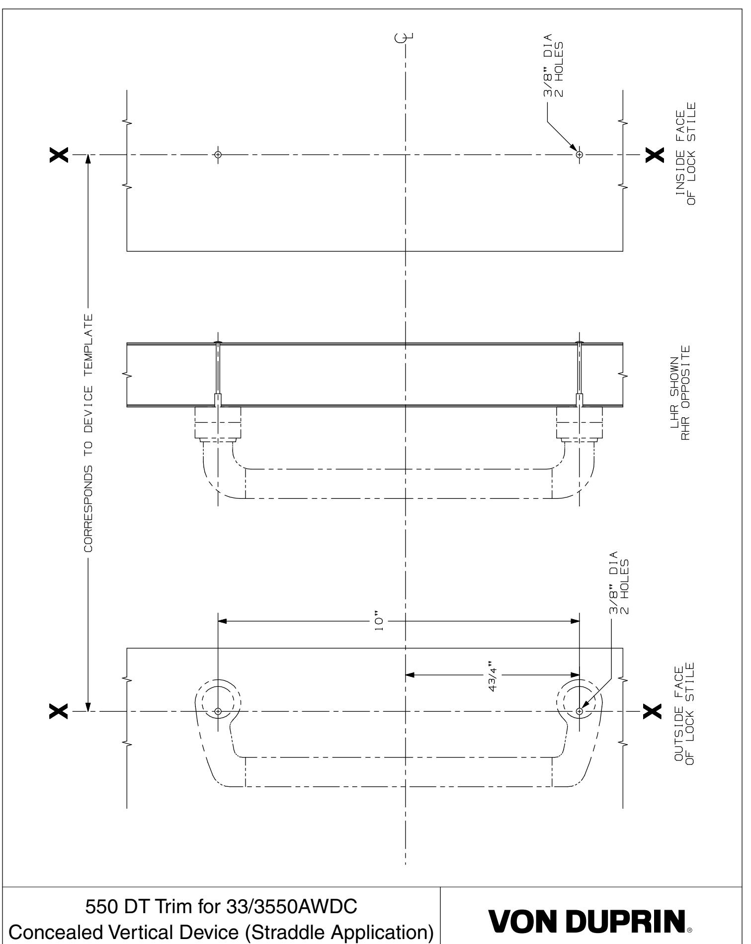 Von Duprin 550DT Trim For User With 3350A-WDC, 3550A-WDC Straddle Applications For Wood Door Template diagram on page 1