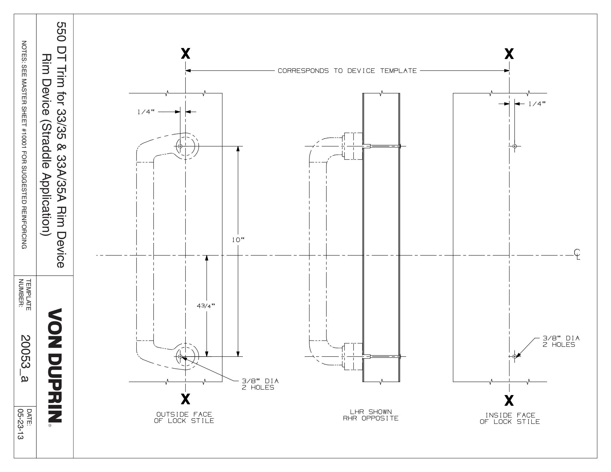 Von Duprin 550DT Trim Straddle Application Template diagram on page 1