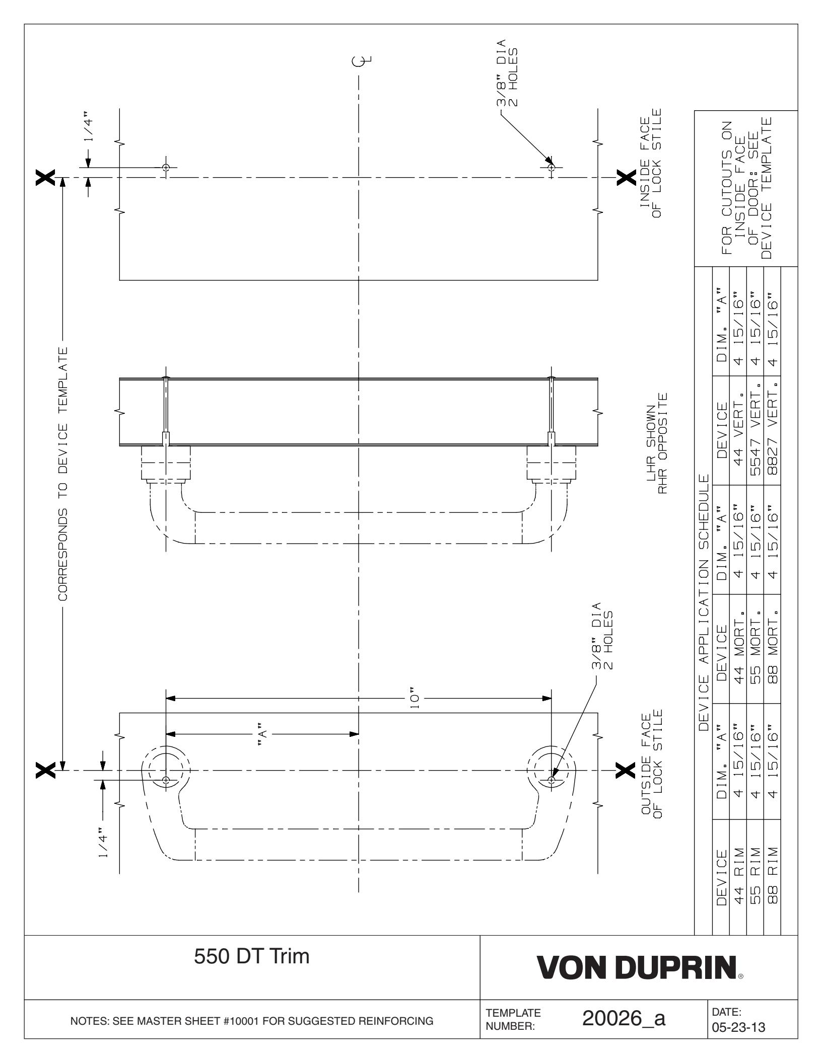 Von Duprin 550DT Trim Used With 55DT, 5547DT, 5547TL, 5575DT, 5575NL, 5575NL-F For Metal Doors Template diagram on page 1