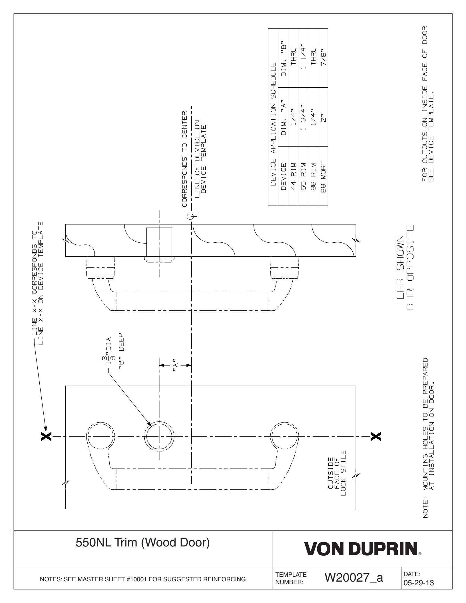 Von Duprin 550NL Trim Used with 55NL Wood Door Application Template diagram on page 1