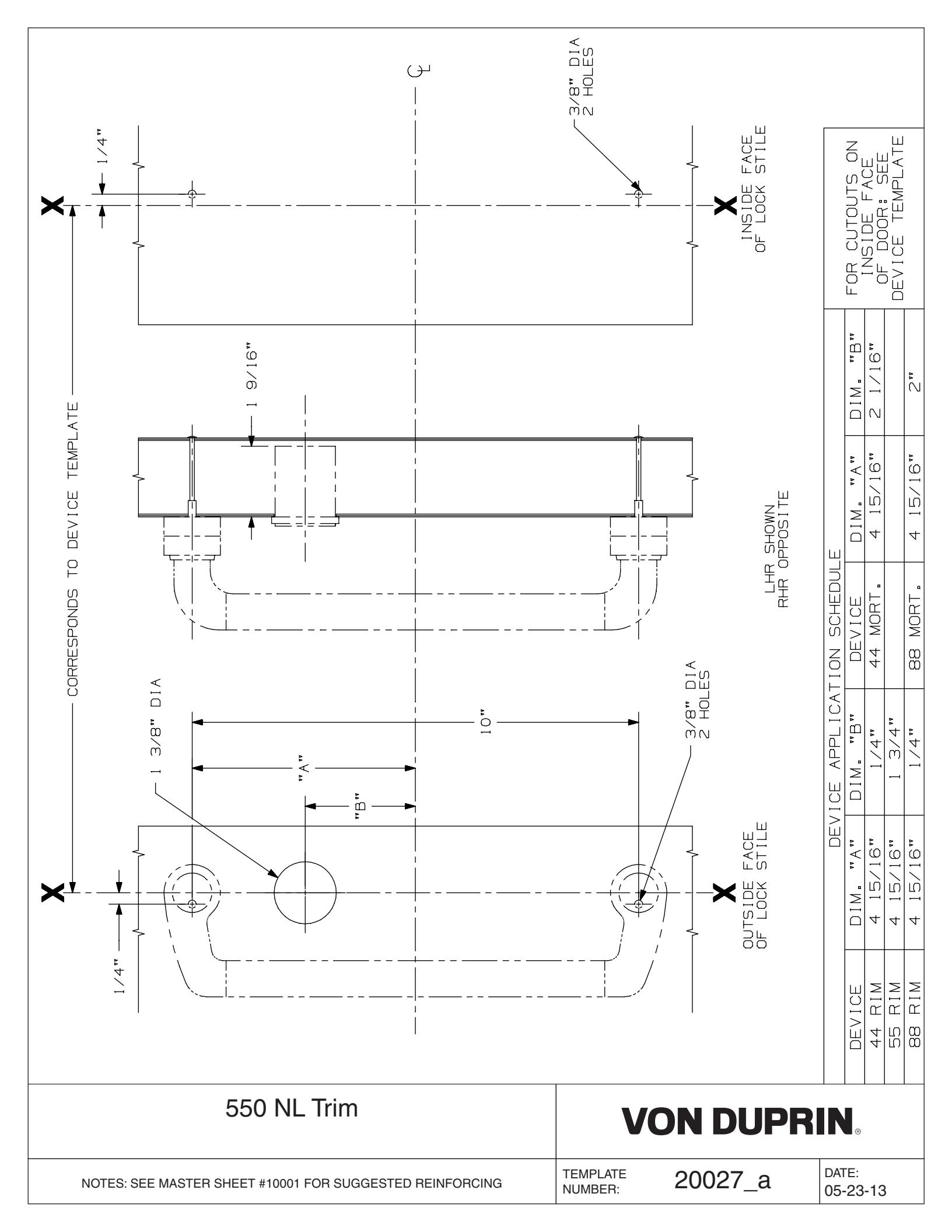 Von Duprin 550NL Trim Used with 88, 8875 For Metal Applications Template diagram on page 1