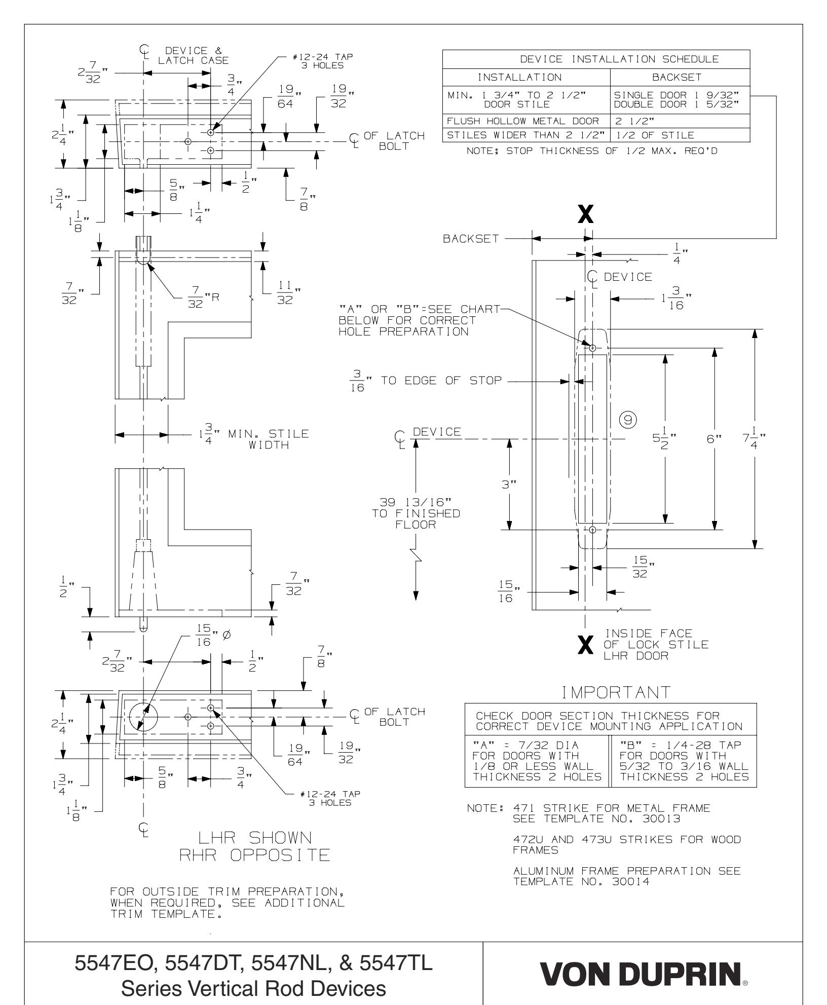Von Duprin 5547EO, 5547DT, 5547NL, & 5547TL Series Vertical Device For Metal Doors Template diagram on page 1