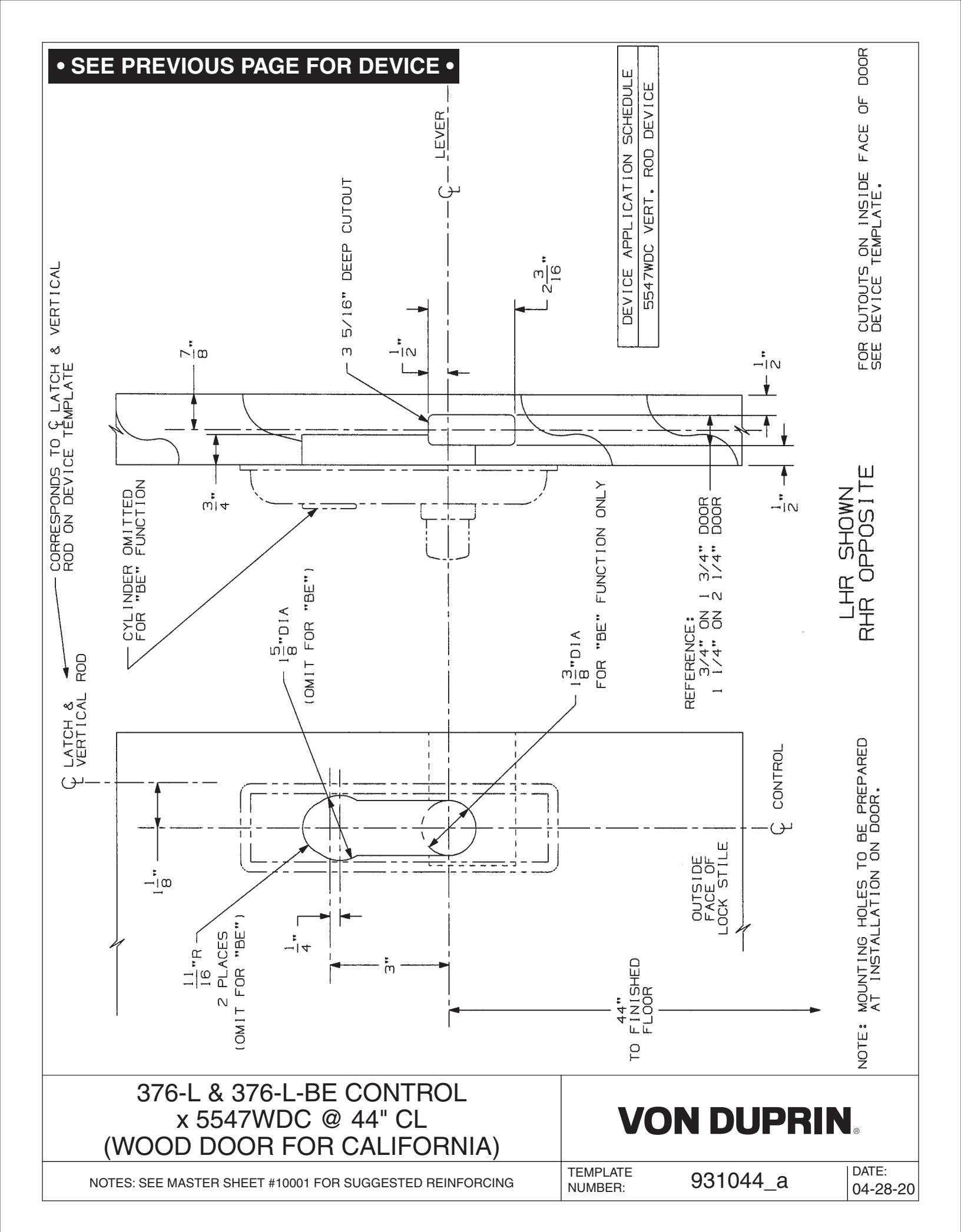 Von Duprin 5547WDC & 5547WDC-F Series @ 38 inch CL (FOR CALIFORNIA) Vertical Rod Device For Wood Door Template diagram on pag