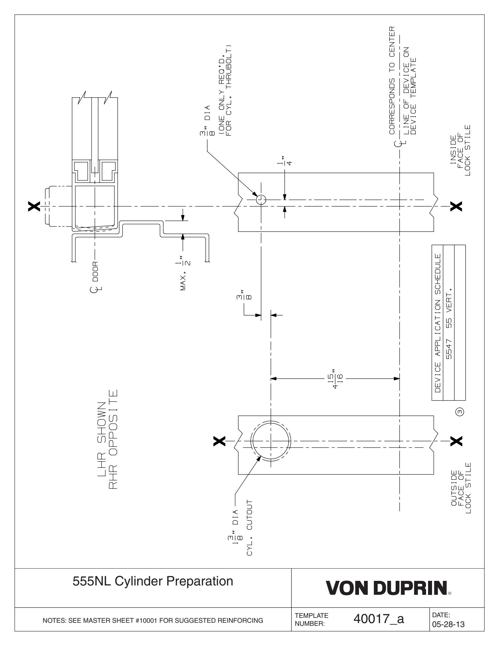 Von Duprin 555NL Cylinder Assembly Used With 5547NL Less Trim For Metal Doors Template diagram on page 1