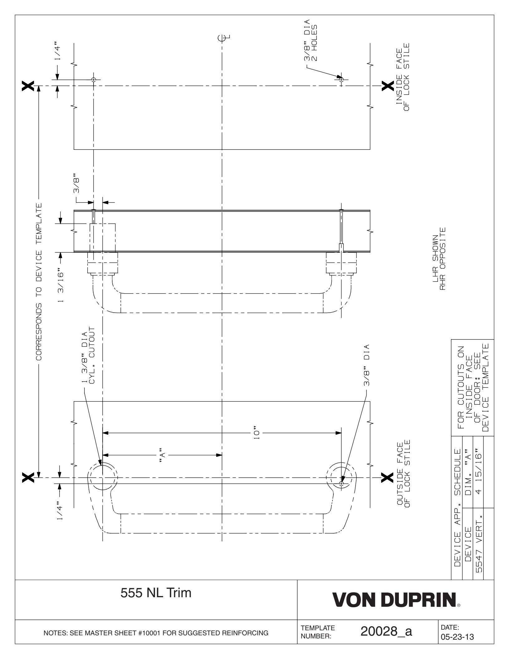 Von Duprin 555NL Trim Used With 5547NL For Metal Doors Template diagram on page 1