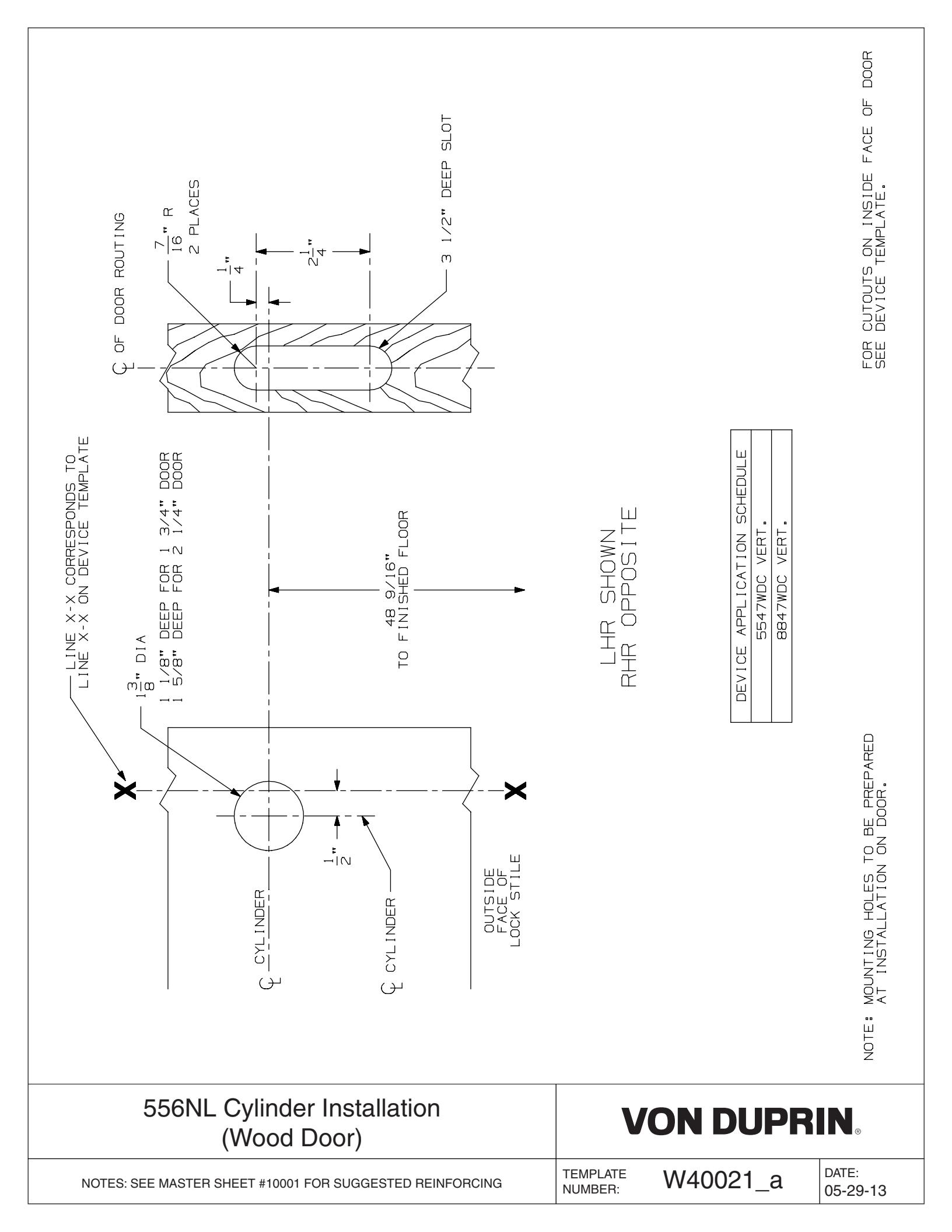 Von Duprin 556NL Cylinder Assembly Used with 5547WDC-NL Less Trim Wood Door Application Template diagram on page 1