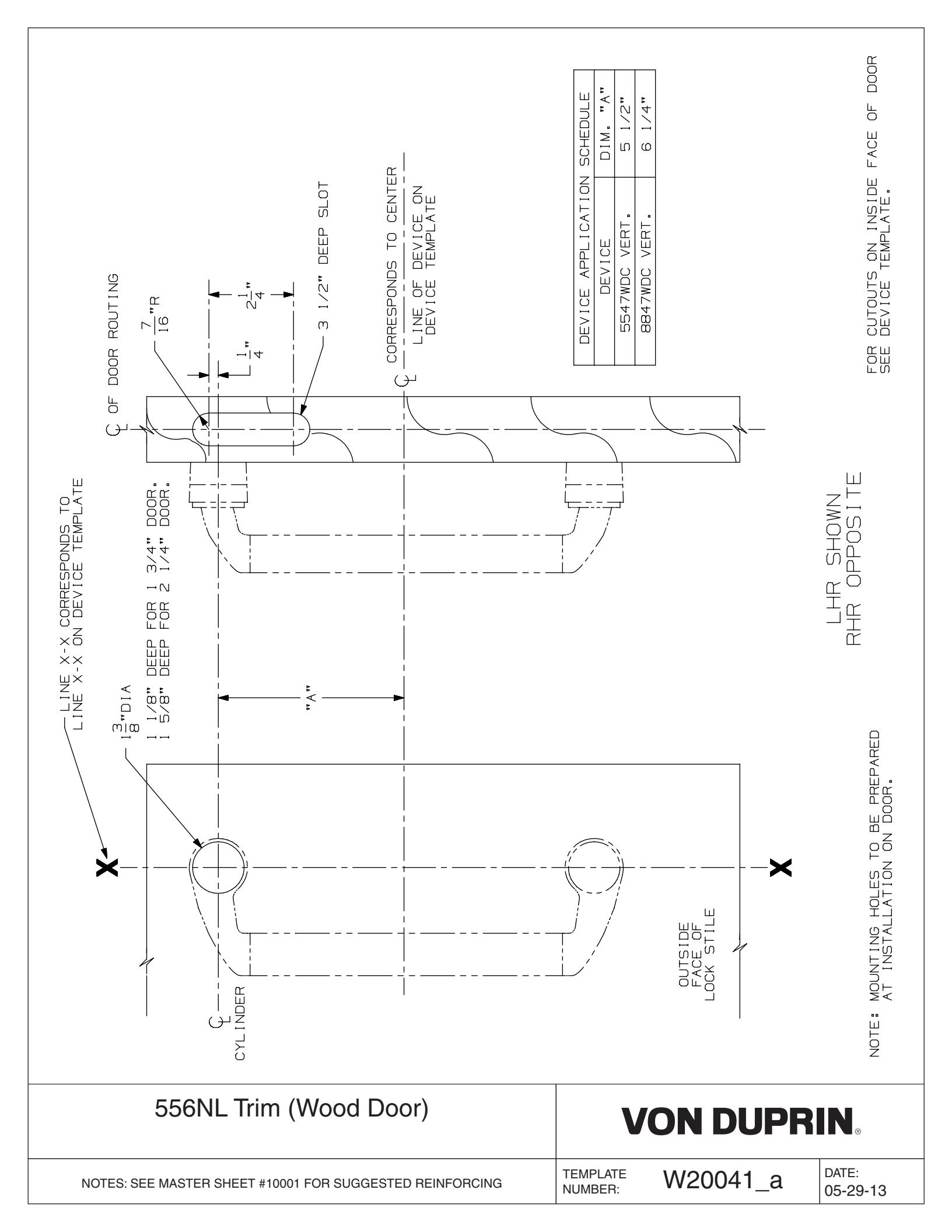 Von Duprin 556NL Trim Used with 5547WDC-NL, 5547WDC-NL-F Wood Door Application Template diagram on page 1