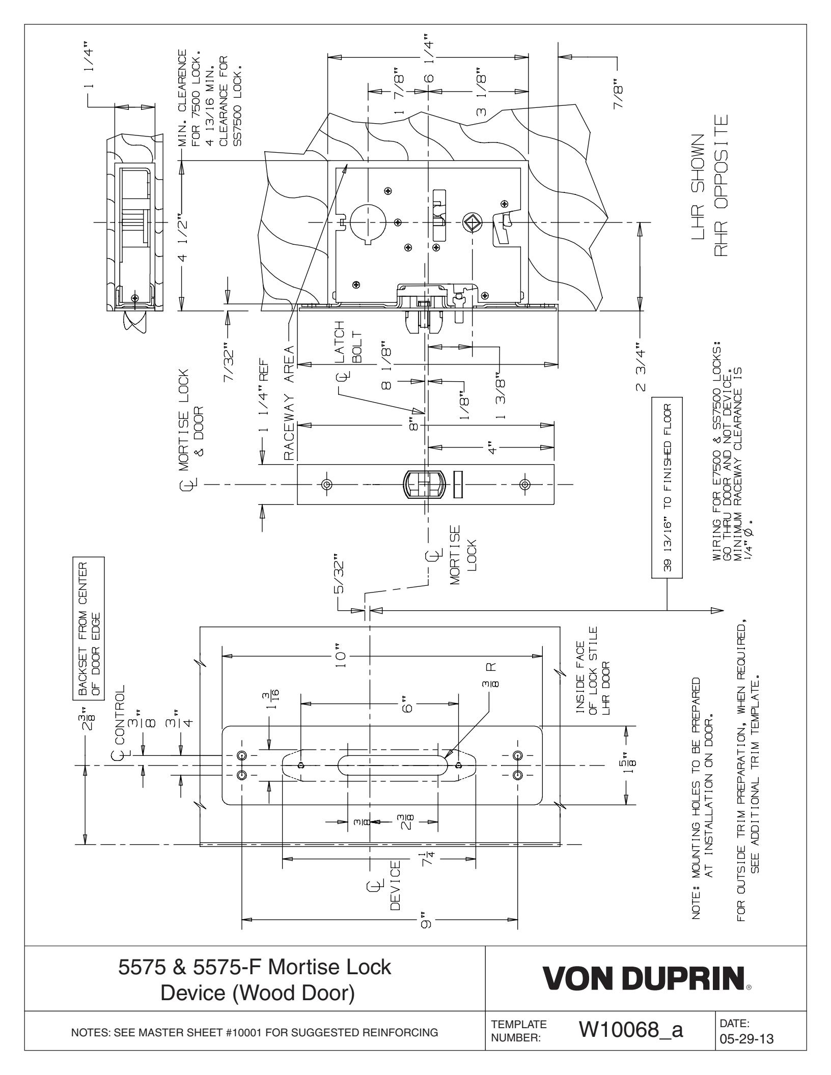 Von Duprin 5575 & 5575-F Mortise Lock Device For Wood Door Template diagram on page 1