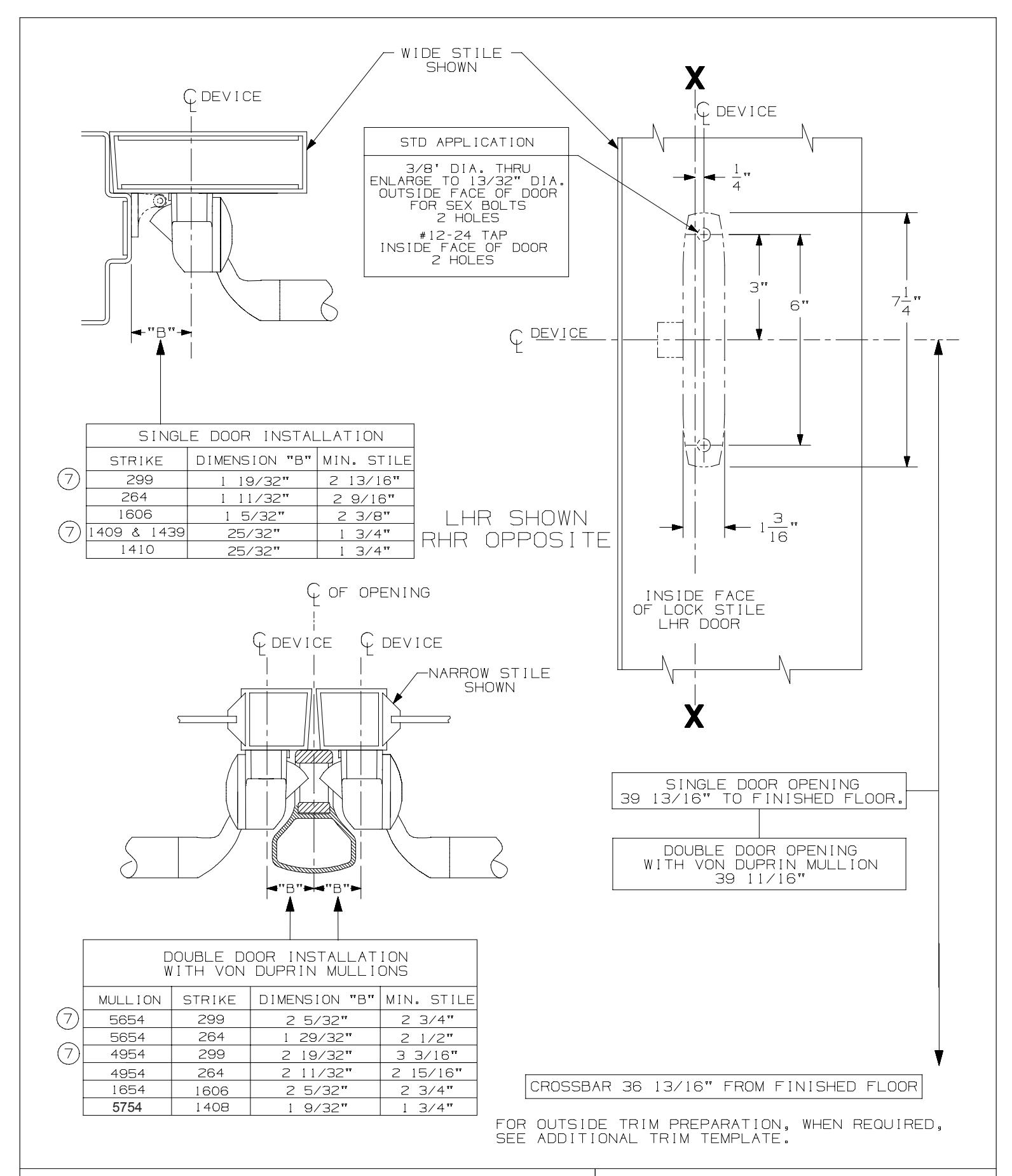 Von Duprin 55EO & 55DT Series Rim Devices For Metal Doors Template diagram on page 1