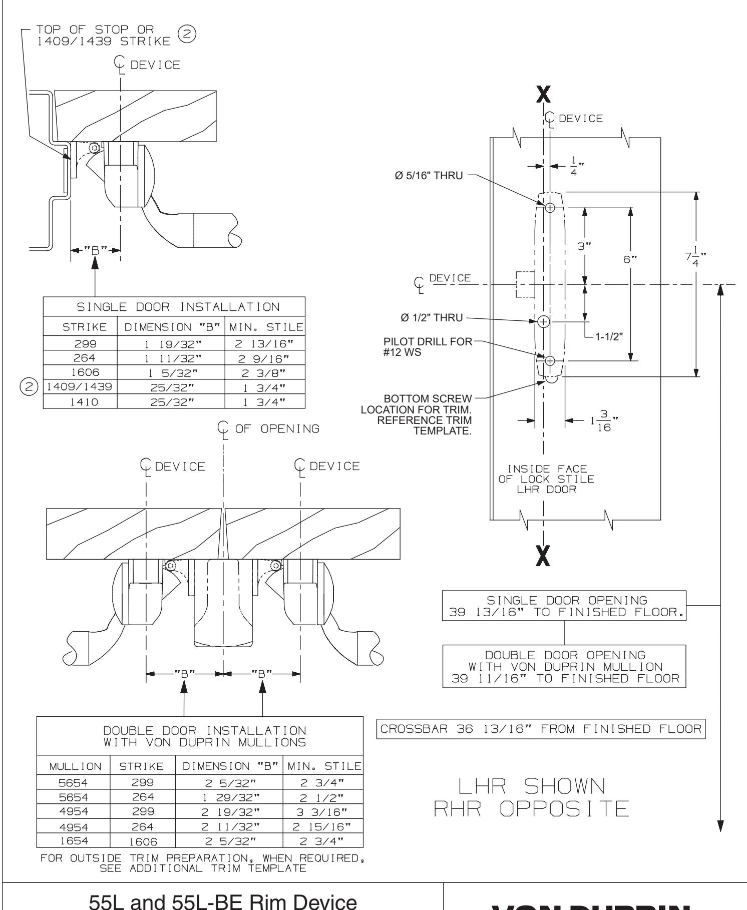 Von Duprin 55L and 55L-BE Rim Device For Wood Door Template diagram on page 1