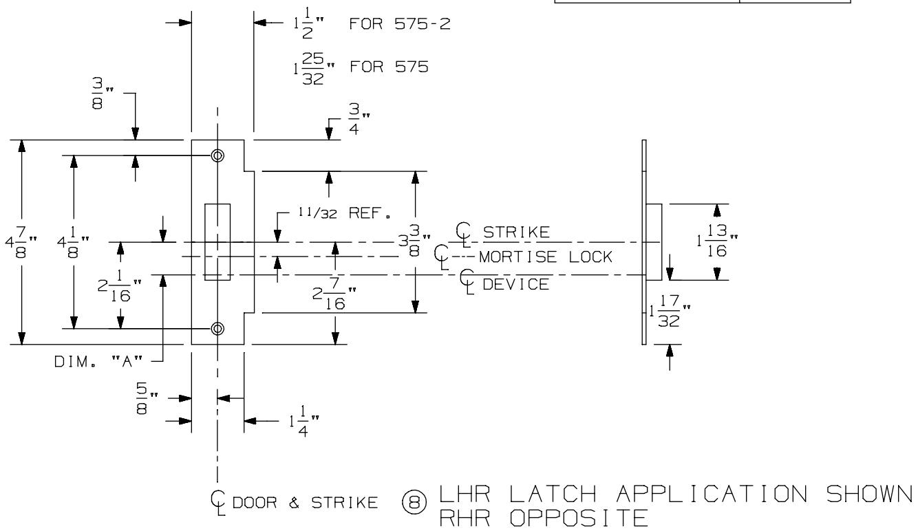Von Duprin 575-2 Strike For 98 and 99 Series Exit Device Metal Door Template diagram on page 1