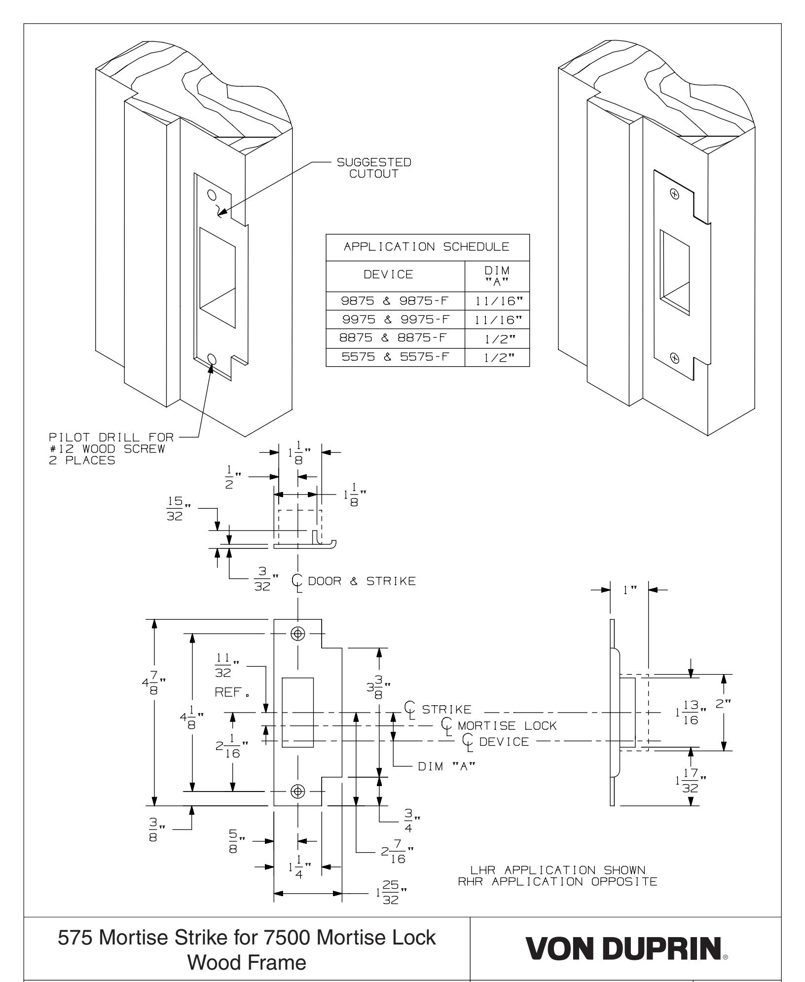Von Duprin 575 Sgl Door Strike Used With 8875, 8875-F, E8875 For Wood Door Template diagram on page 1