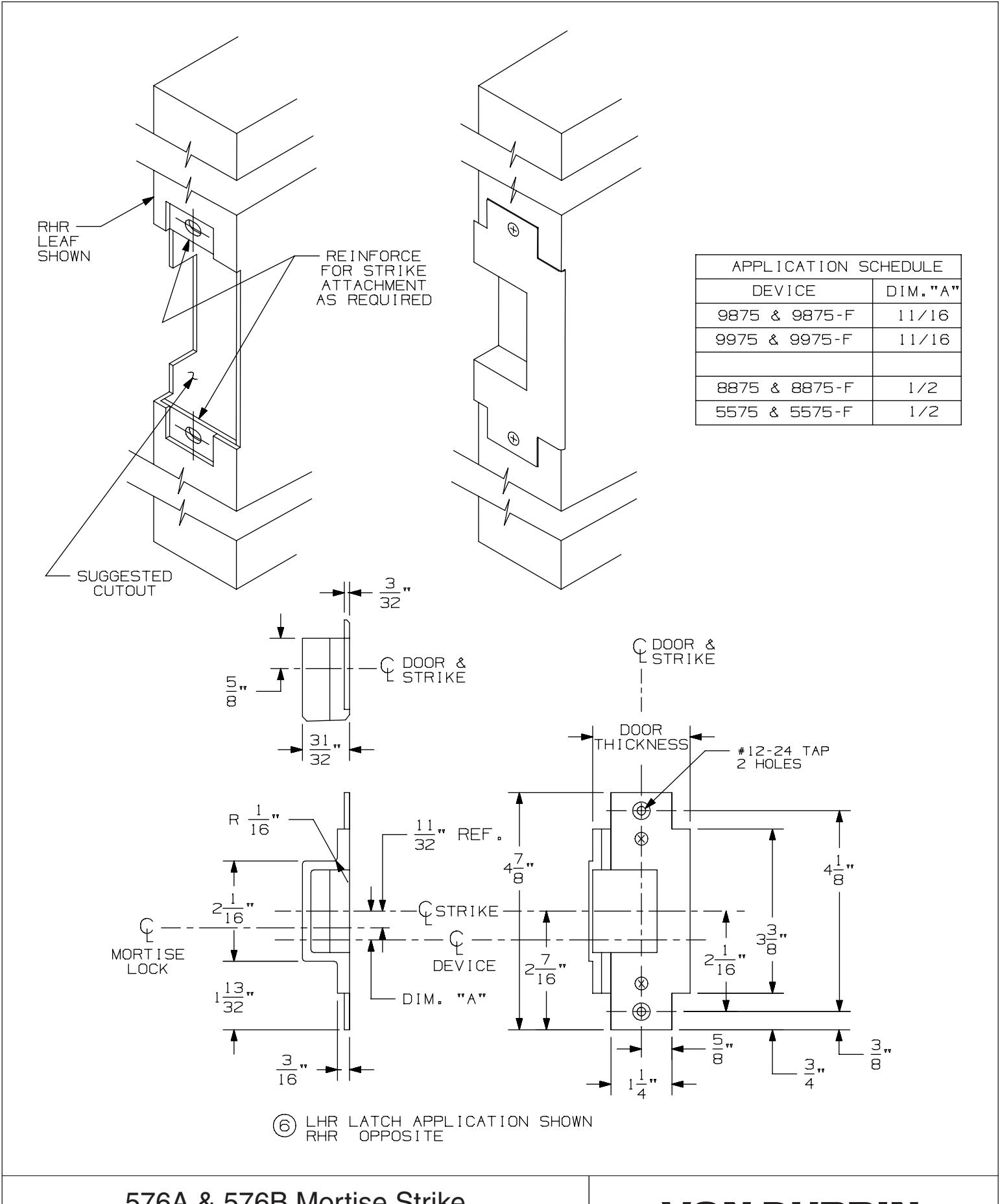 Von Duprin 576A & 576B OB Dbl Door Strike Used with 8875, 8875-F, E8875, E8875-F For Metal Applications Template diagram on p