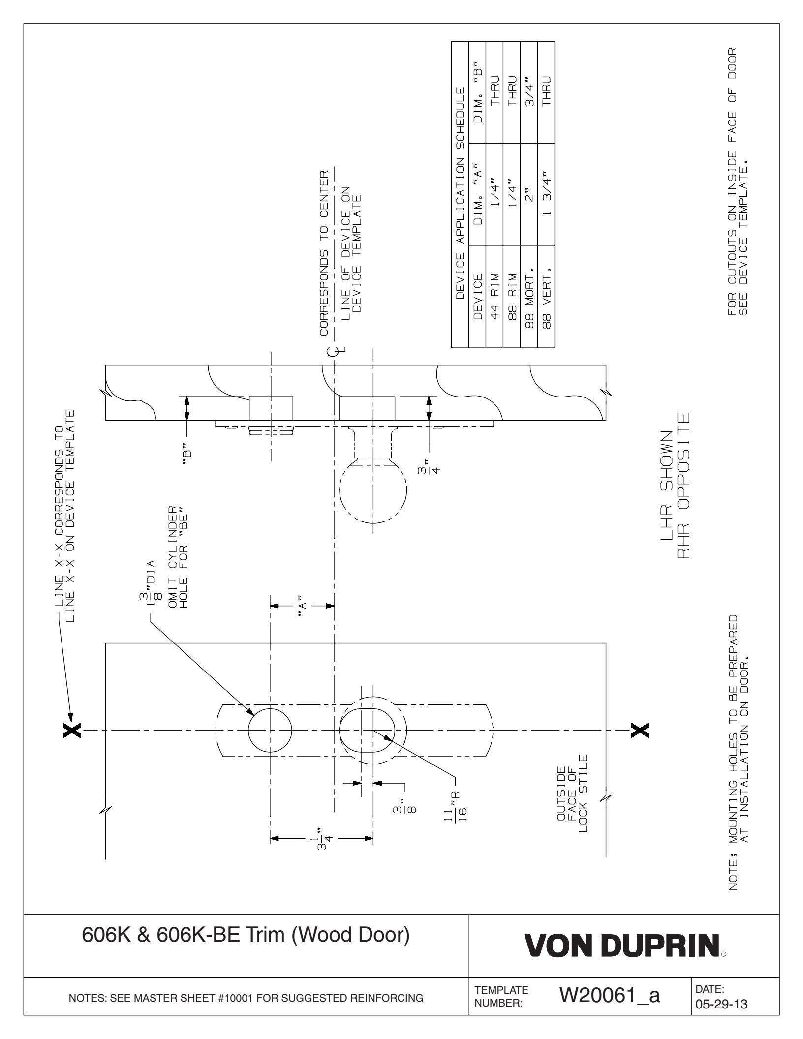 Von Duprin 606K, 606KBE Trim Used With 88K, 88K-F, 8827K, 8827K-F, 8875K, 8875K-F For Wood Door Template diagram on page 1