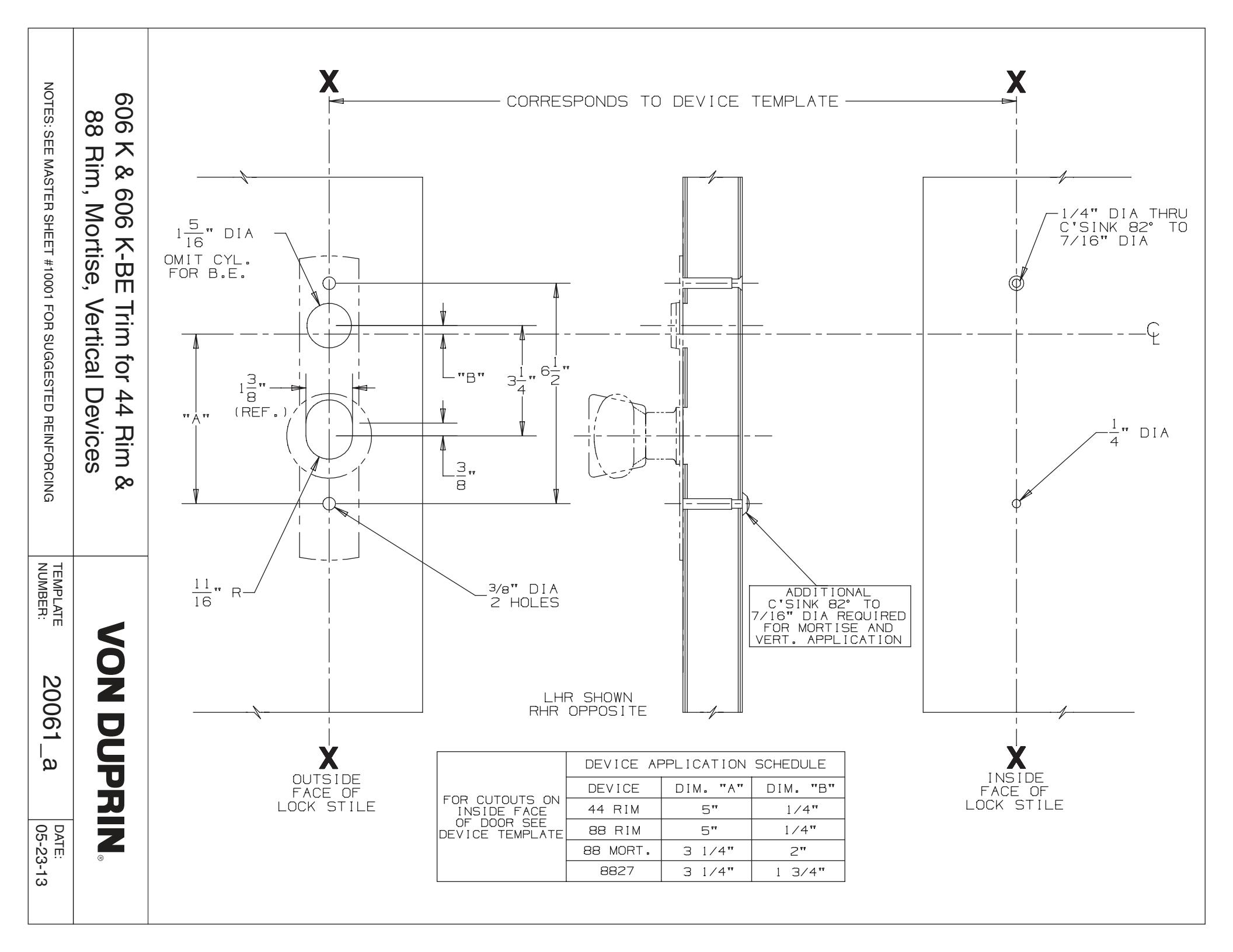 Von Duprin 606K, 606KBE Trim Used with 88K, 88K-F, 8827K, 8827K-F, 8875K, 8875K-F For Metal Applications Template diagram on 